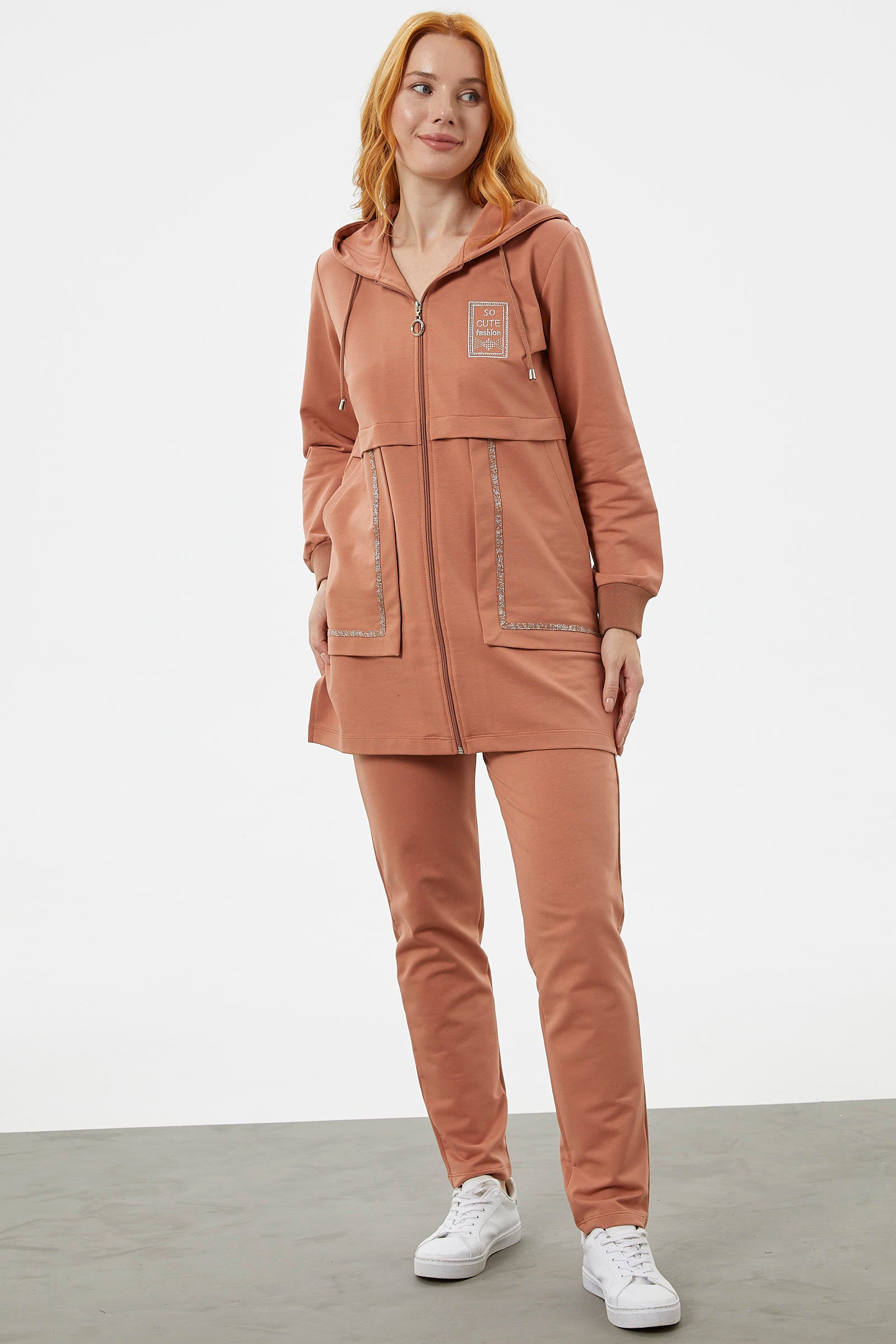 Kapüşonlu Biye Detaylı Fermuarlı Eşofman Takımı - Somon (3) Sementa