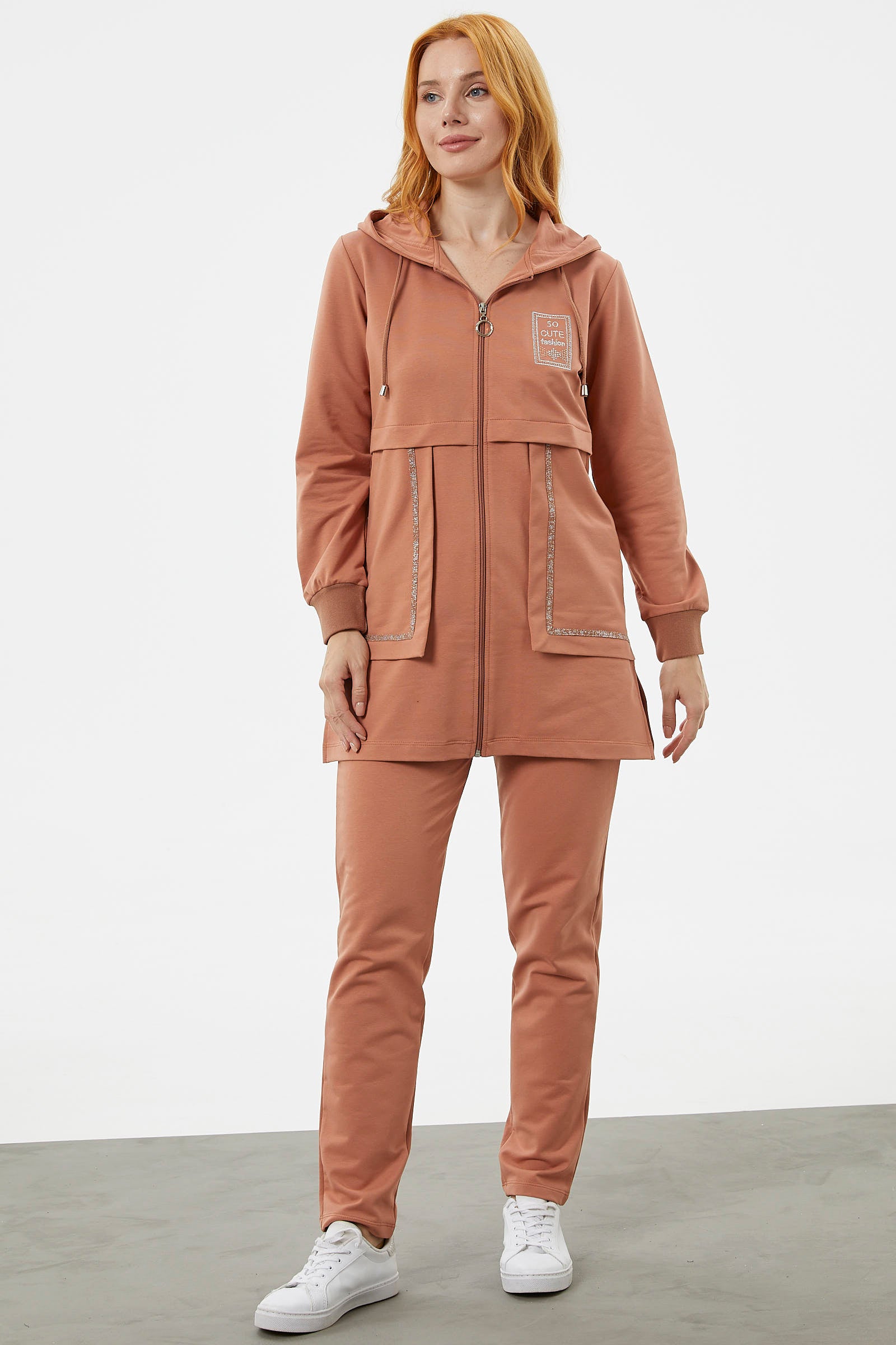 Kapüşonlu Biye Detaylı Fermuarlı Eşofman Takımı - Somon (5) Sementa