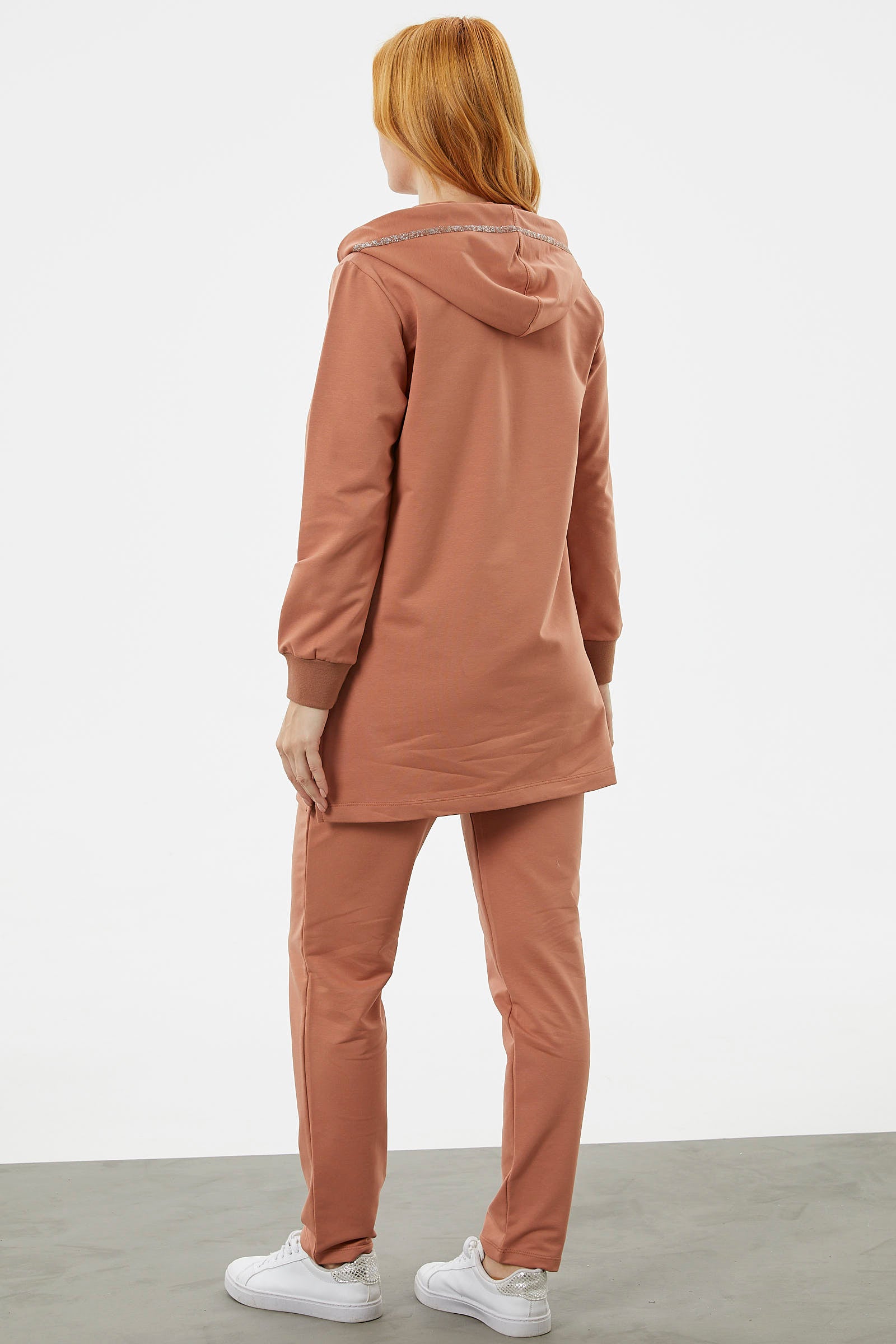 Kapüşonlu Biye Detaylı Fermuarlı Eşofman Takımı - Somon (7) Sementa