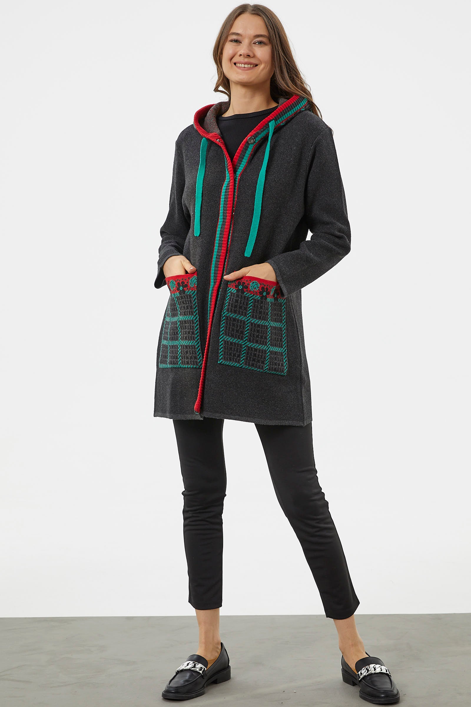 Kapüşonlu Büyük Cepli Triko Ceket - Antrasit (3) Sementa