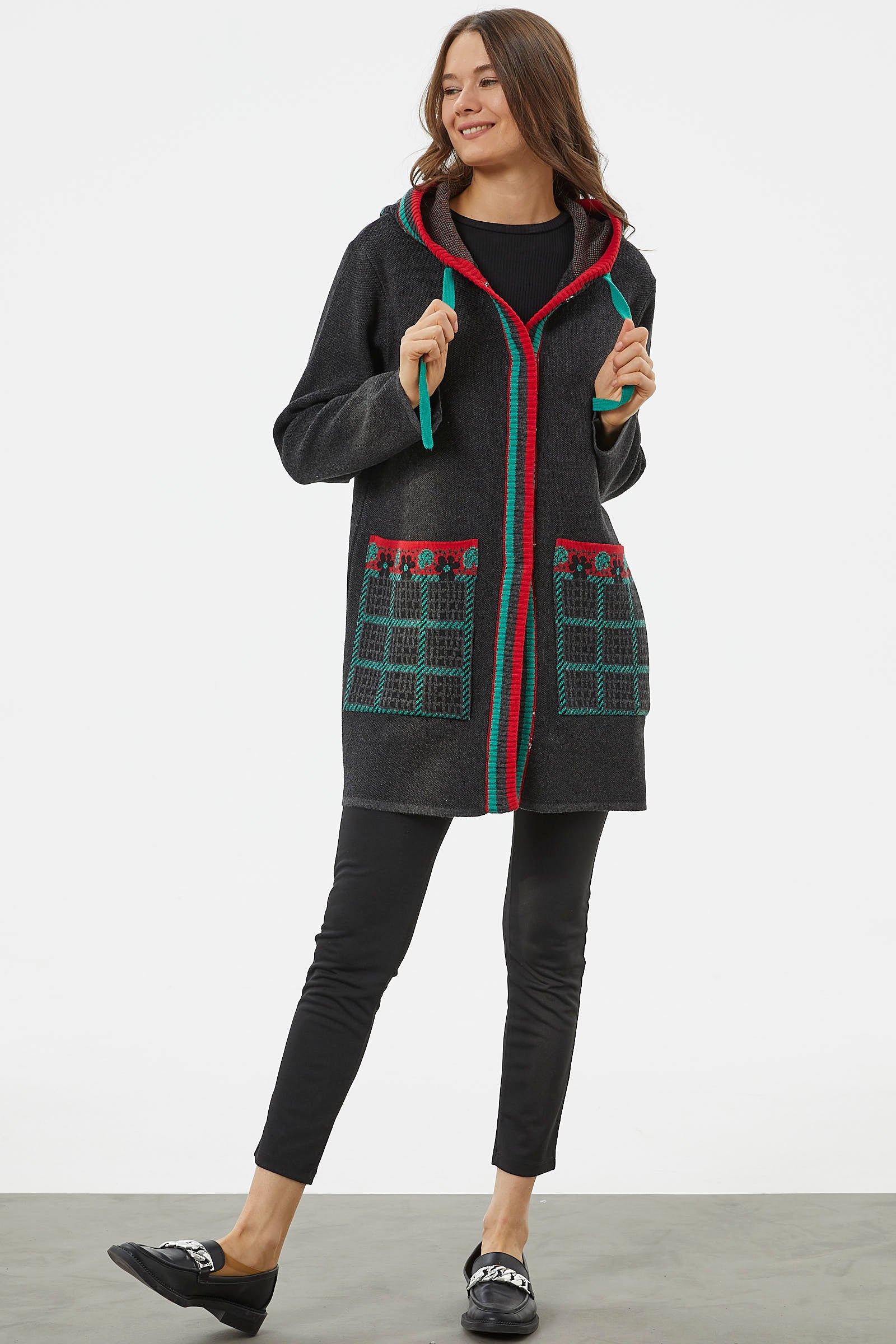 Kapüşonlu Büyük Cepli Triko Ceket - Antrasit (6) Sementa