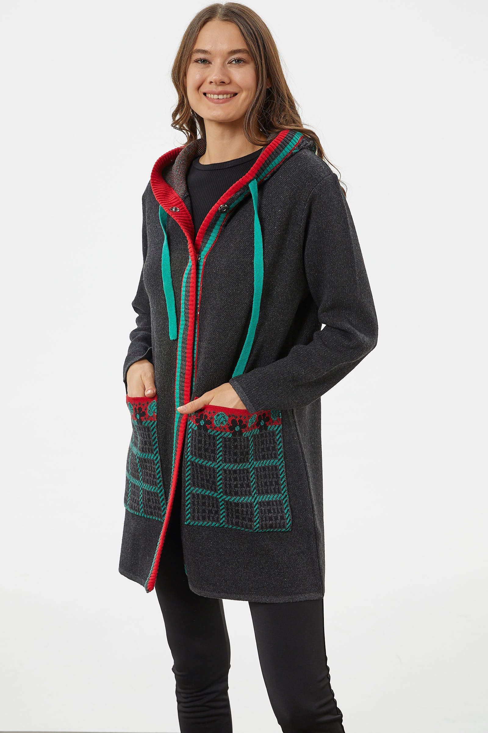 Kapüşonlu Büyük Cepli Triko Ceket - Antrasit (2) Sementa