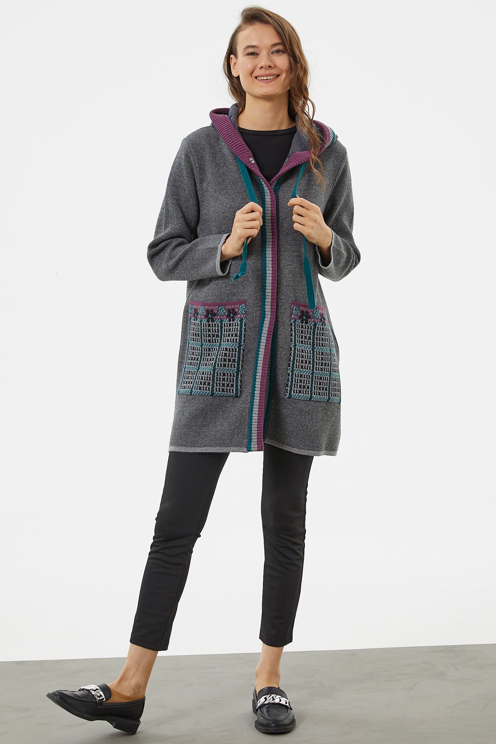 Kapüşonlu Büyük Cepli Triko Ceket - Gri (3) Sementa