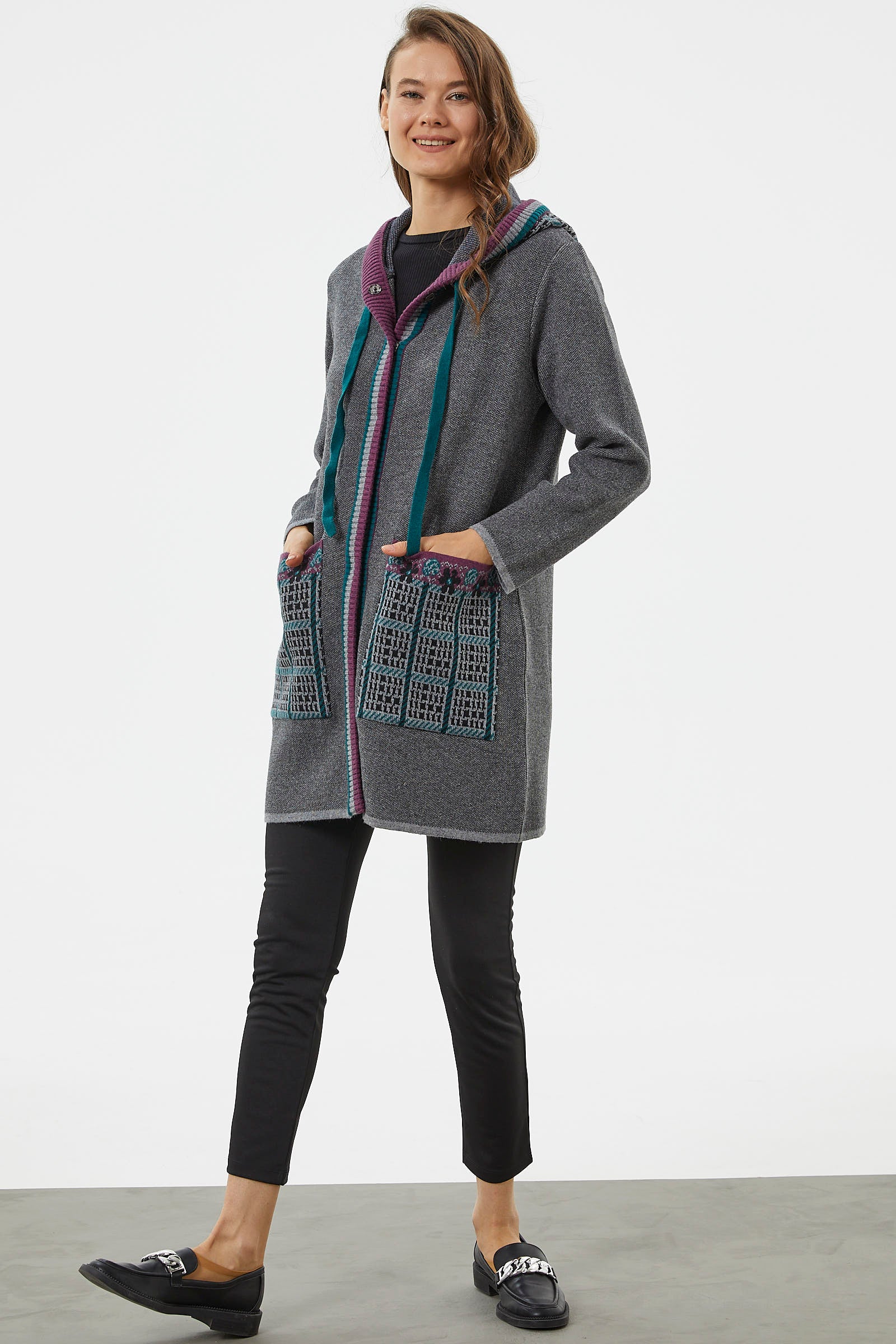 Kapüşonlu Büyük Cepli Triko Ceket - Gri (4) Sementa