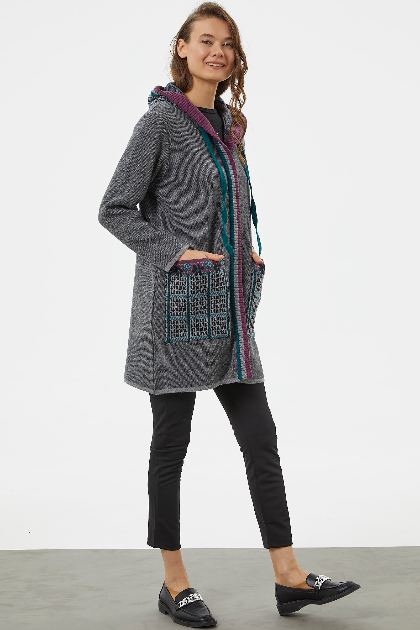 Kapüşonlu Büyük Cepli Triko Ceket - Gri (5) Sementa