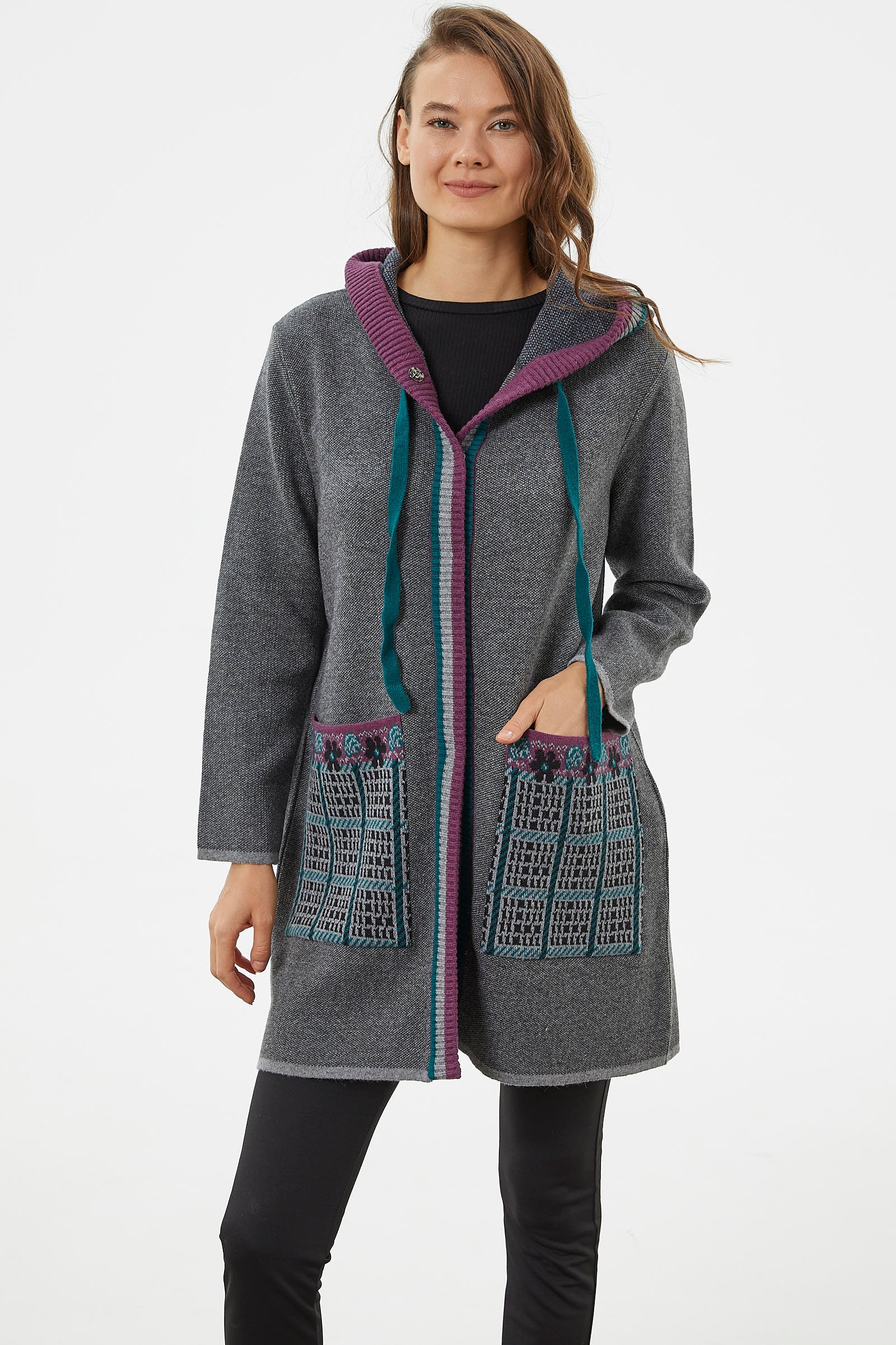 Kapüşonlu Büyük Cepli Triko Ceket - Gri (1) Sementa