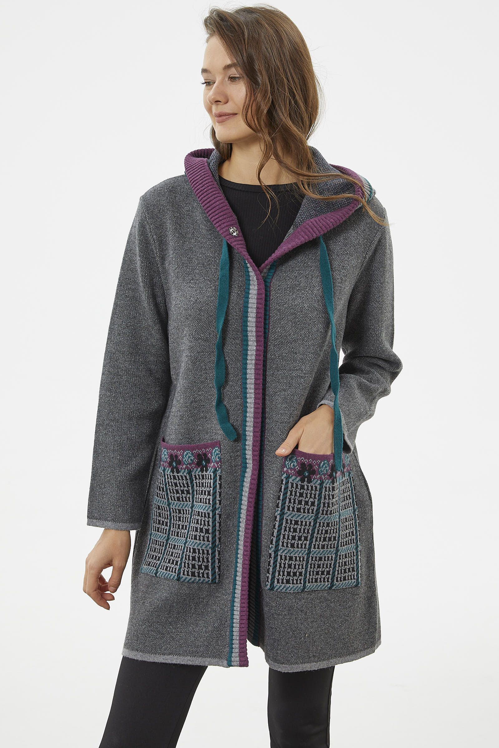 Kapüşonlu Büyük Cepli Triko Ceket - Gri (2) Sementa