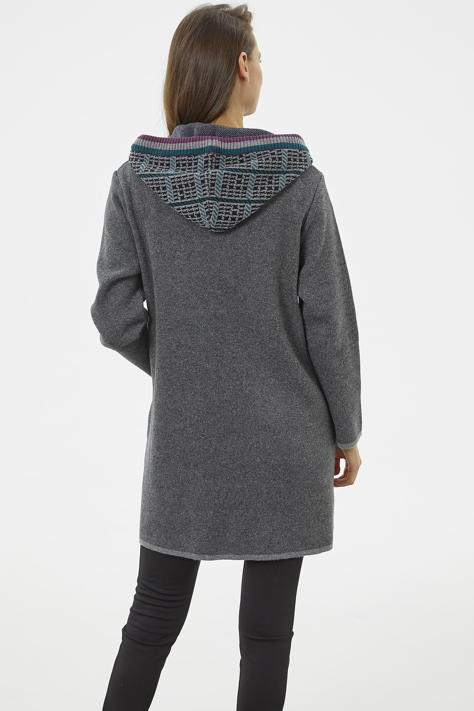 Kapüşonlu Büyük Cepli Triko Ceket - Gri (6) Sementa