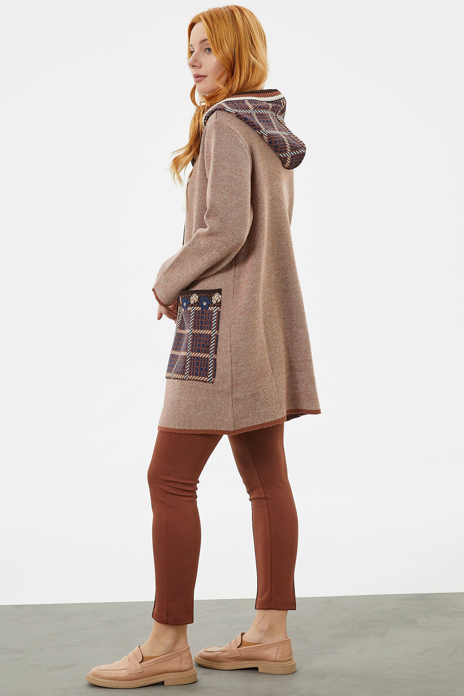 Kapüşonlu Büyük Cepli Triko Ceket - Kiremit (6) Sementa