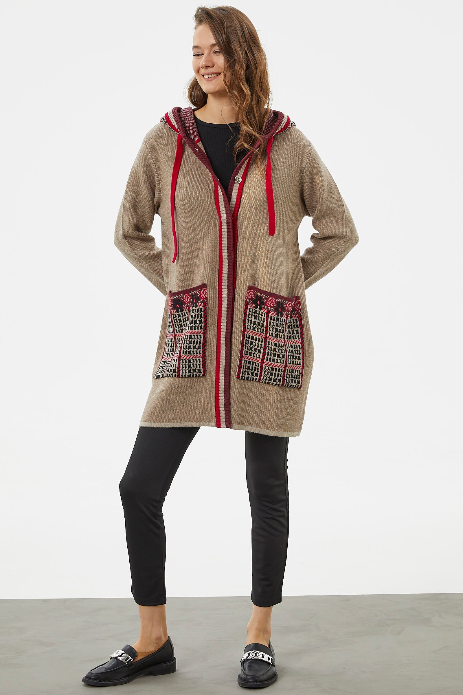 Kapüşonlu Büyük Cepli Triko Ceket - Vizon (4) Sementa