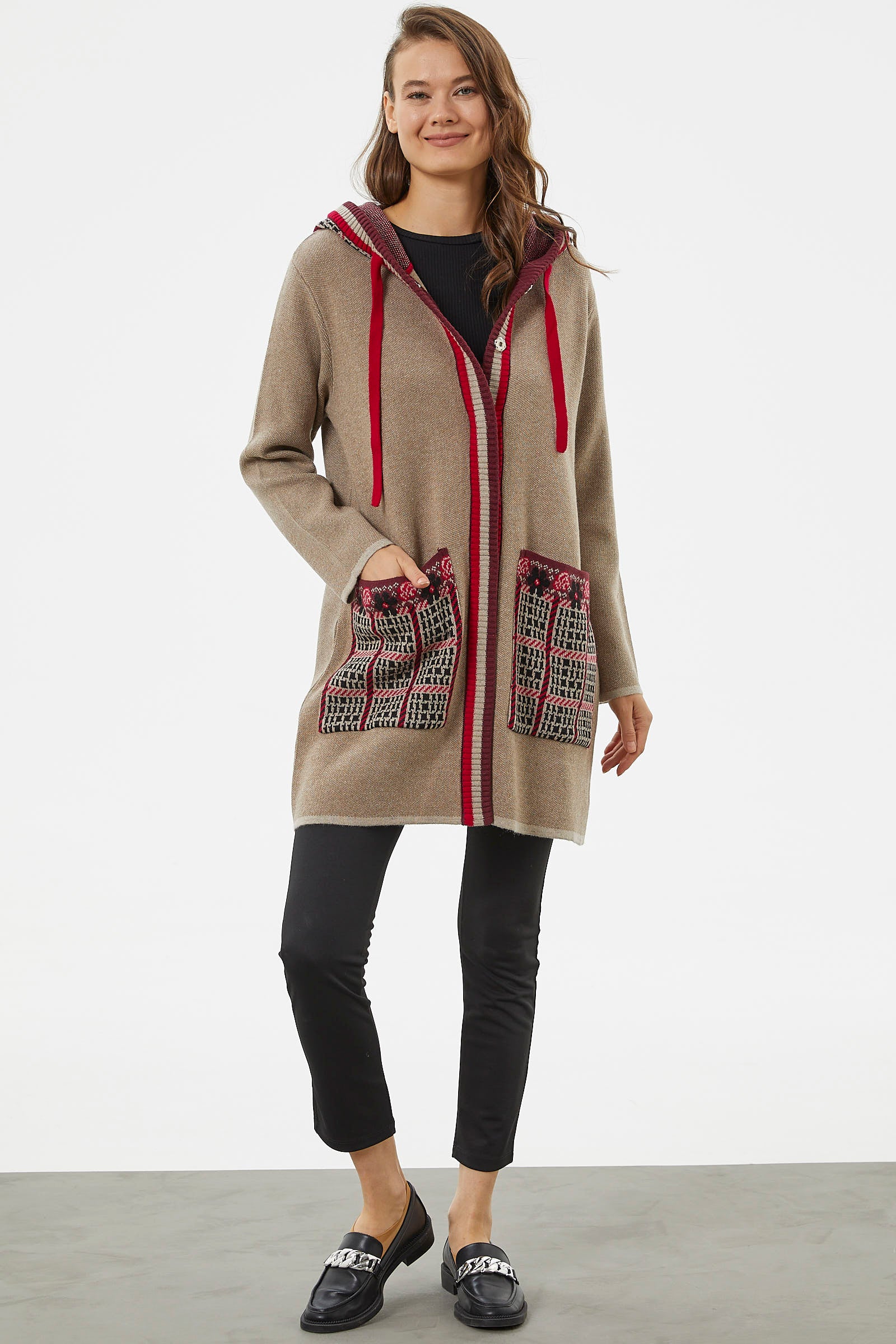 Kapüşonlu Büyük Cepli Triko Ceket - Vizon (3) Sementa