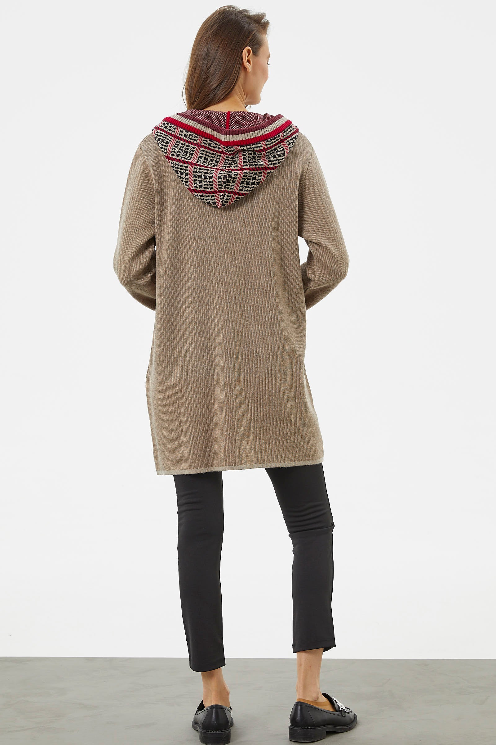 Kapüşonlu Büyük Cepli Triko Ceket - Vizon (6) Sementa