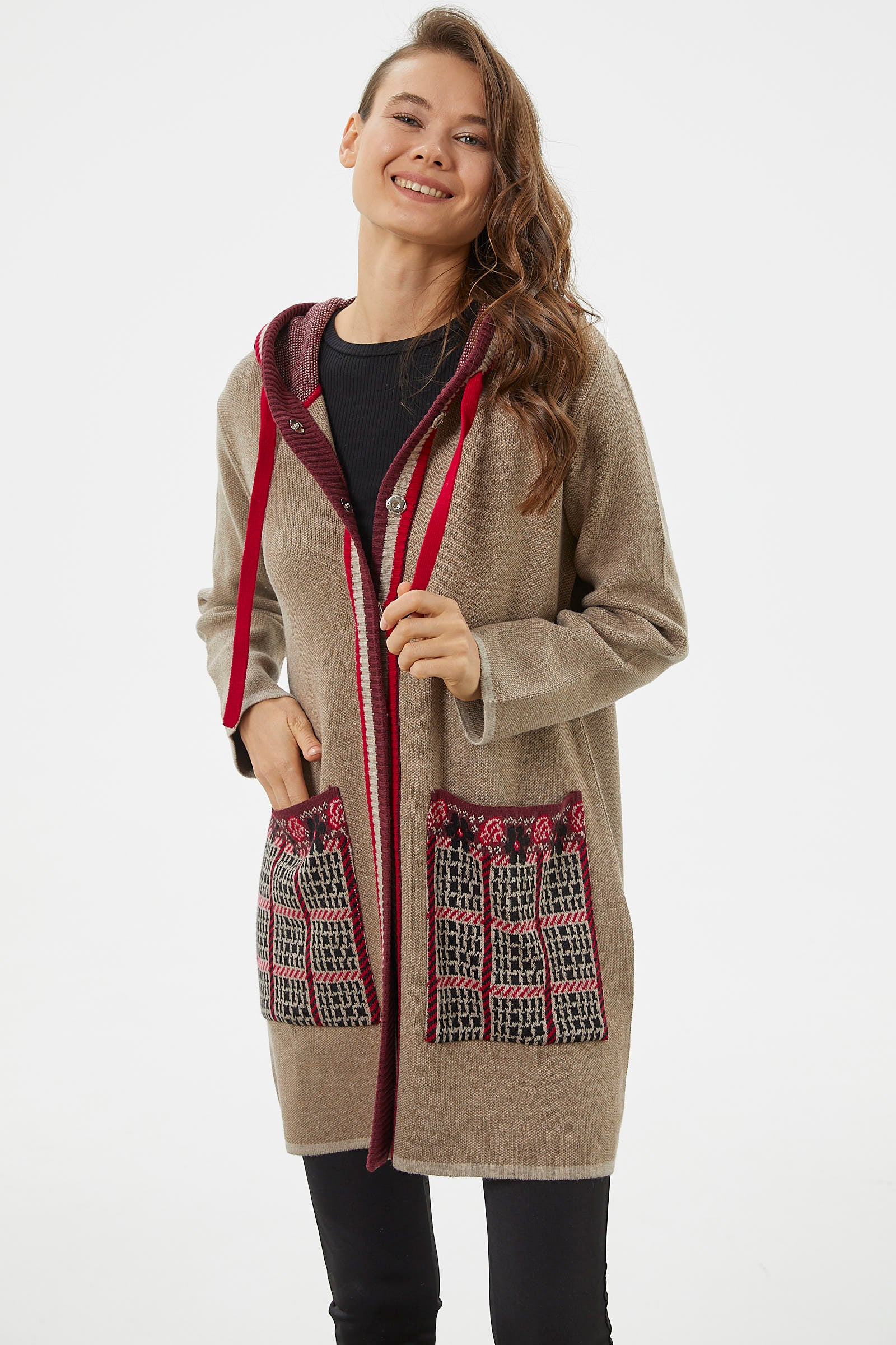 Kapüşonlu Büyük Cepli Triko Ceket - Vizon (2) Sementa