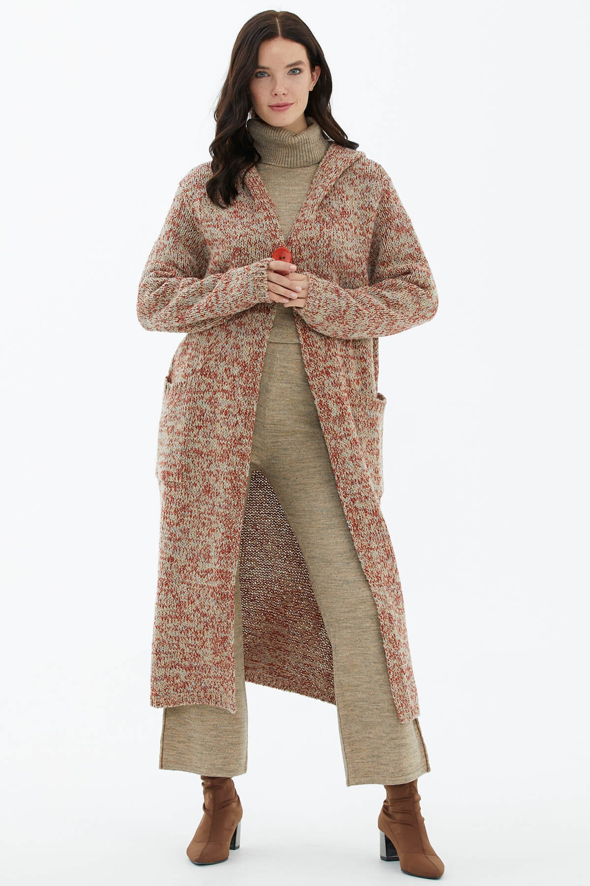 Kapüşonlu Cepli Triko Hırka - Bej (3) Sementa