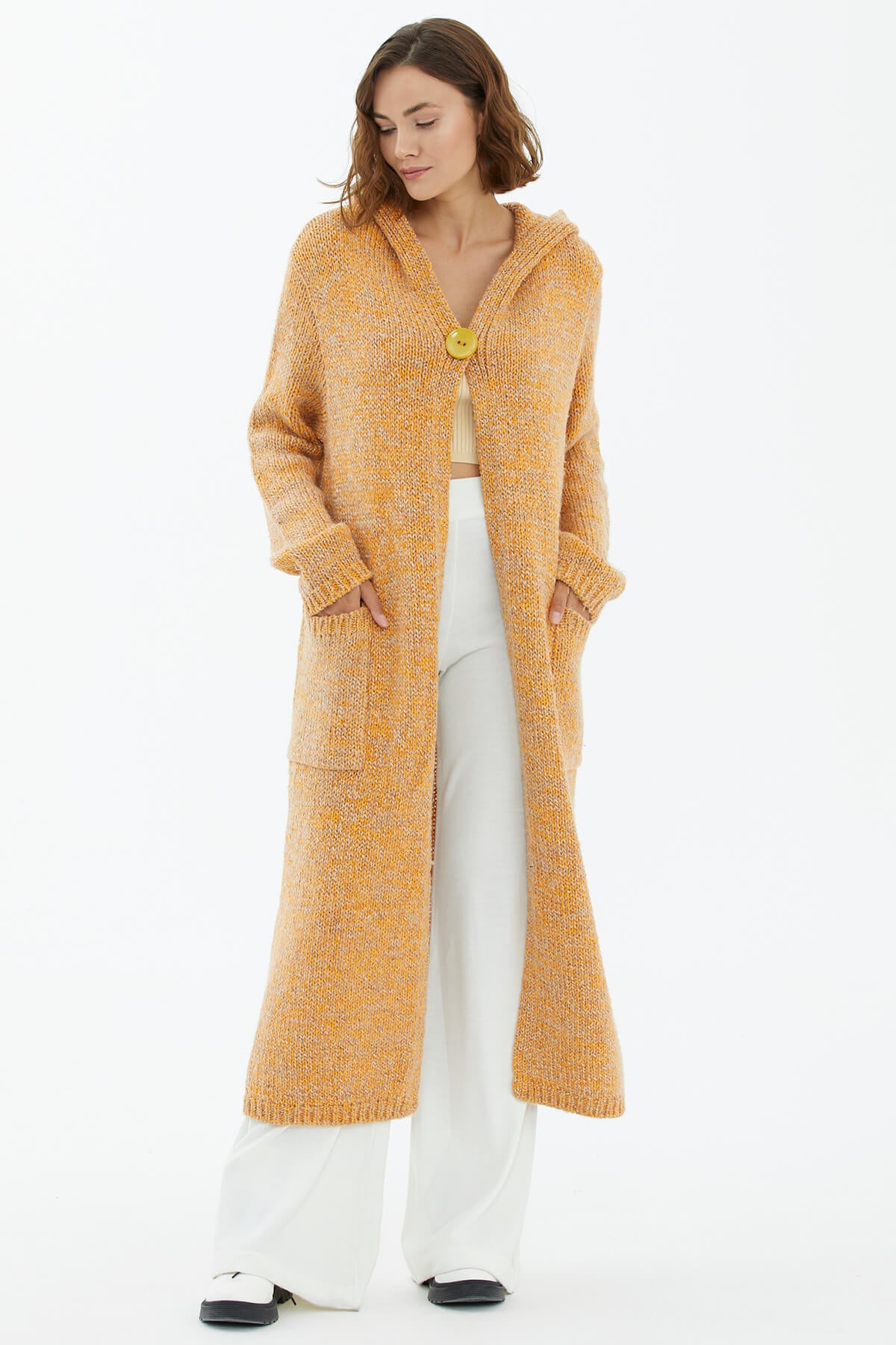 Kapüşonlu Cepli Triko Hırka - Sarı (2) Sementa