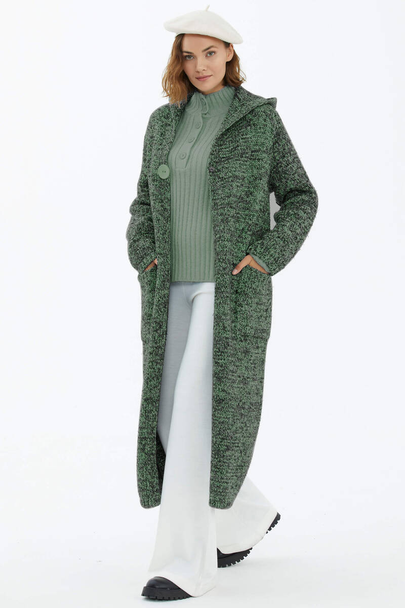 Kapüşonlu Cepli Triko Hırka - Yeşil (2) Sementa