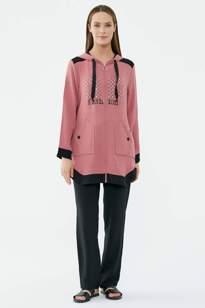 Kapüşonlu Çift Renk Rahat Kalıp Krep Takım - Gül - Siyah (1) Sementa