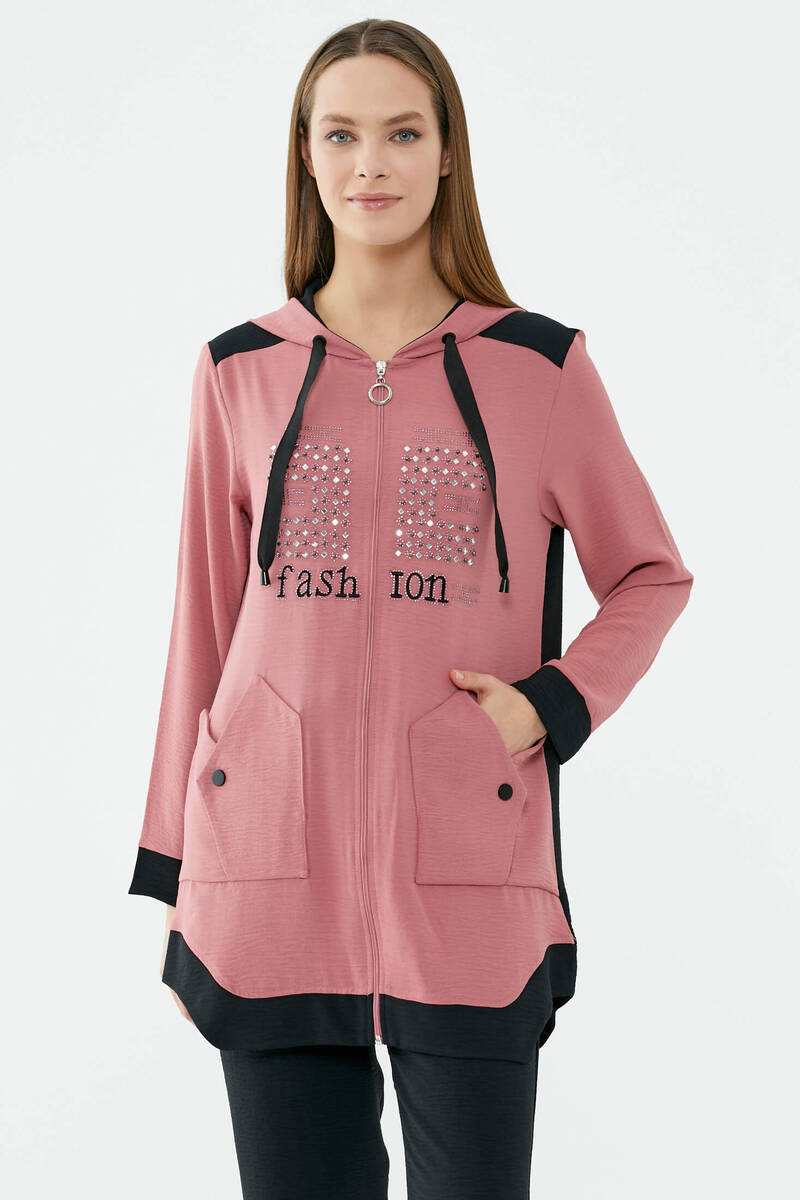 Kapüşonlu Çift Renk Rahat Kalıp Krep Takım - Gül - Siyah (3) Sementa