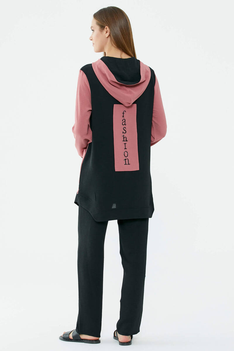 Kapüşonlu Çift Renk Rahat Kalıp Krep Takım - Gül - Siyah (6) Sementa