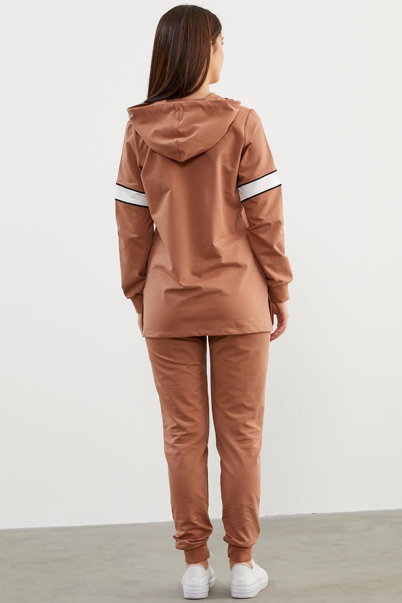 Kapüşonlu Çizgi Bloklu Eşofman Takım - Sütlü Kahve (6) Sementa
