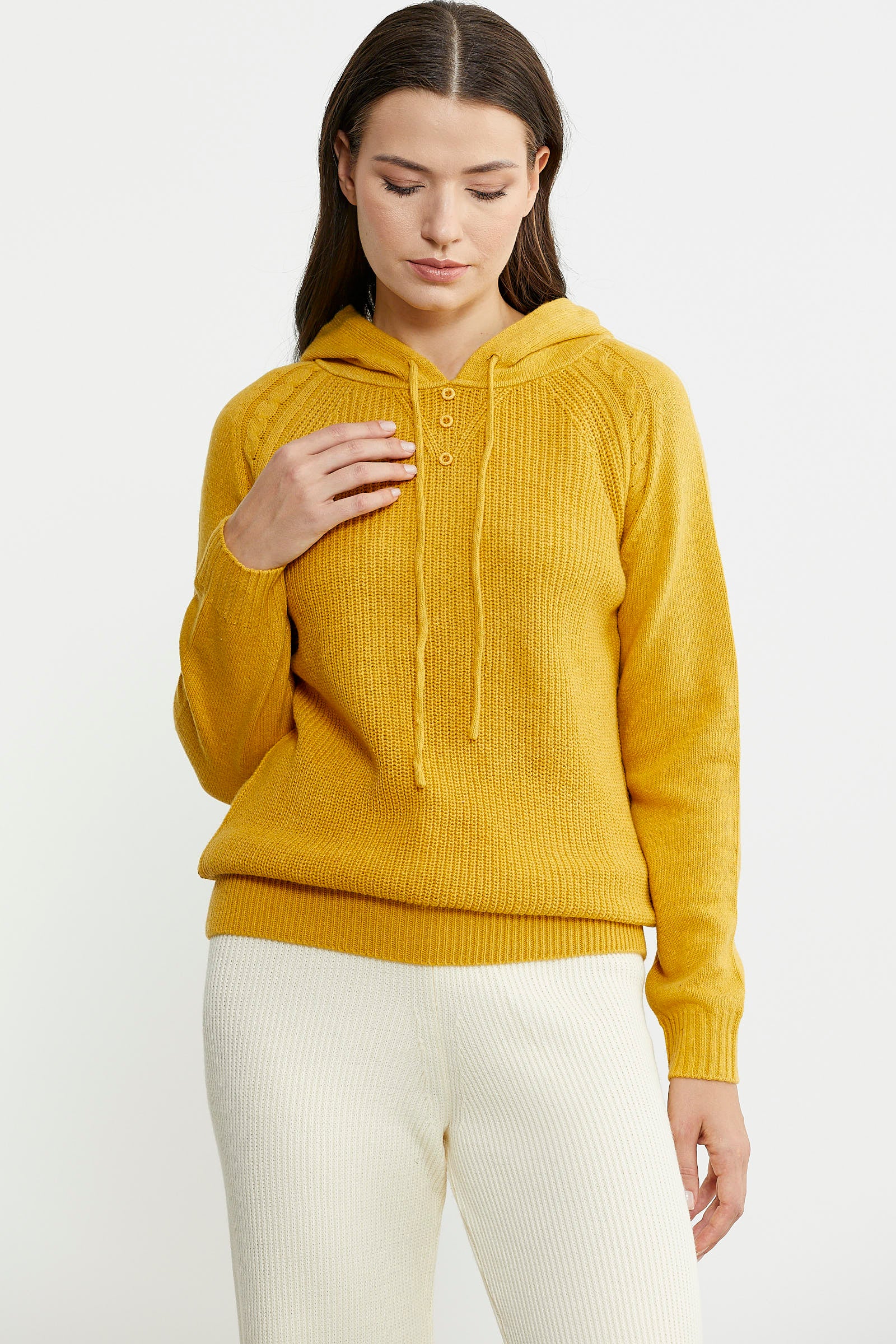 Kapüşonlu Dökümlü Yünlü Triko Kazak - Güneş - Sementa