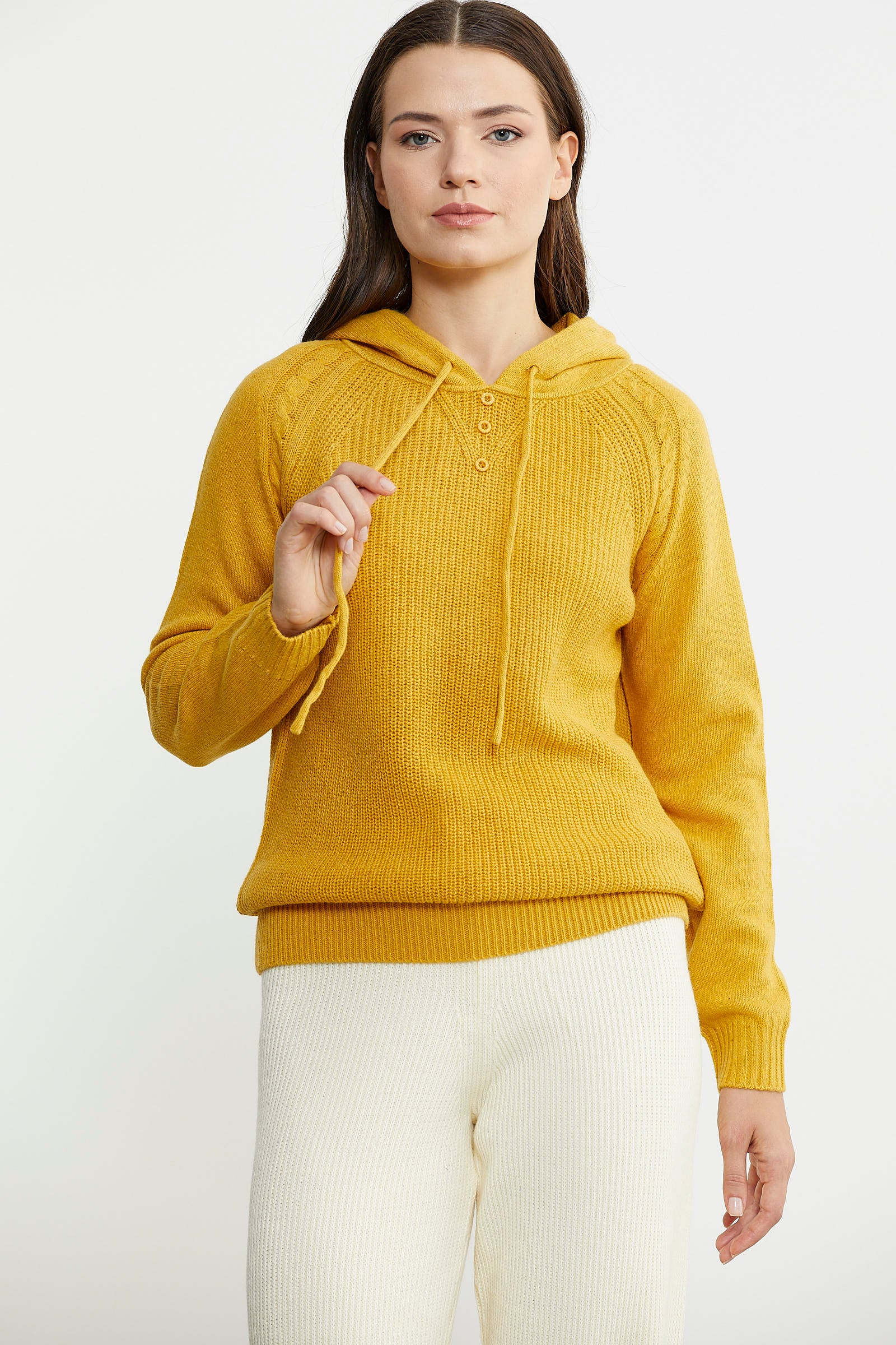 Kapüşonlu Dökümlü Yünlü Triko Kazak - Güneş - Sementa