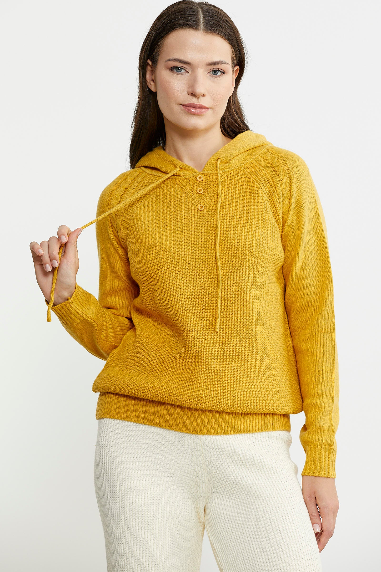 Kapüşonlu Dökümlü Yünlü Triko Kazak - Güneş - Sementa