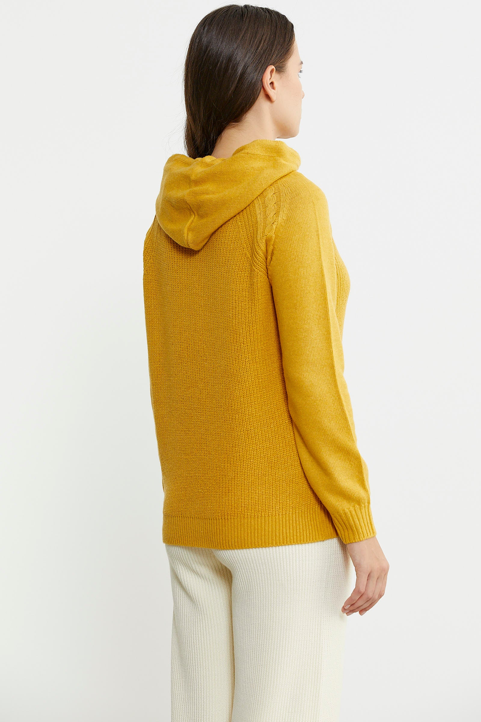 Kapüşonlu Dökümlü Yünlü Triko Kazak - Güneş - Sementa