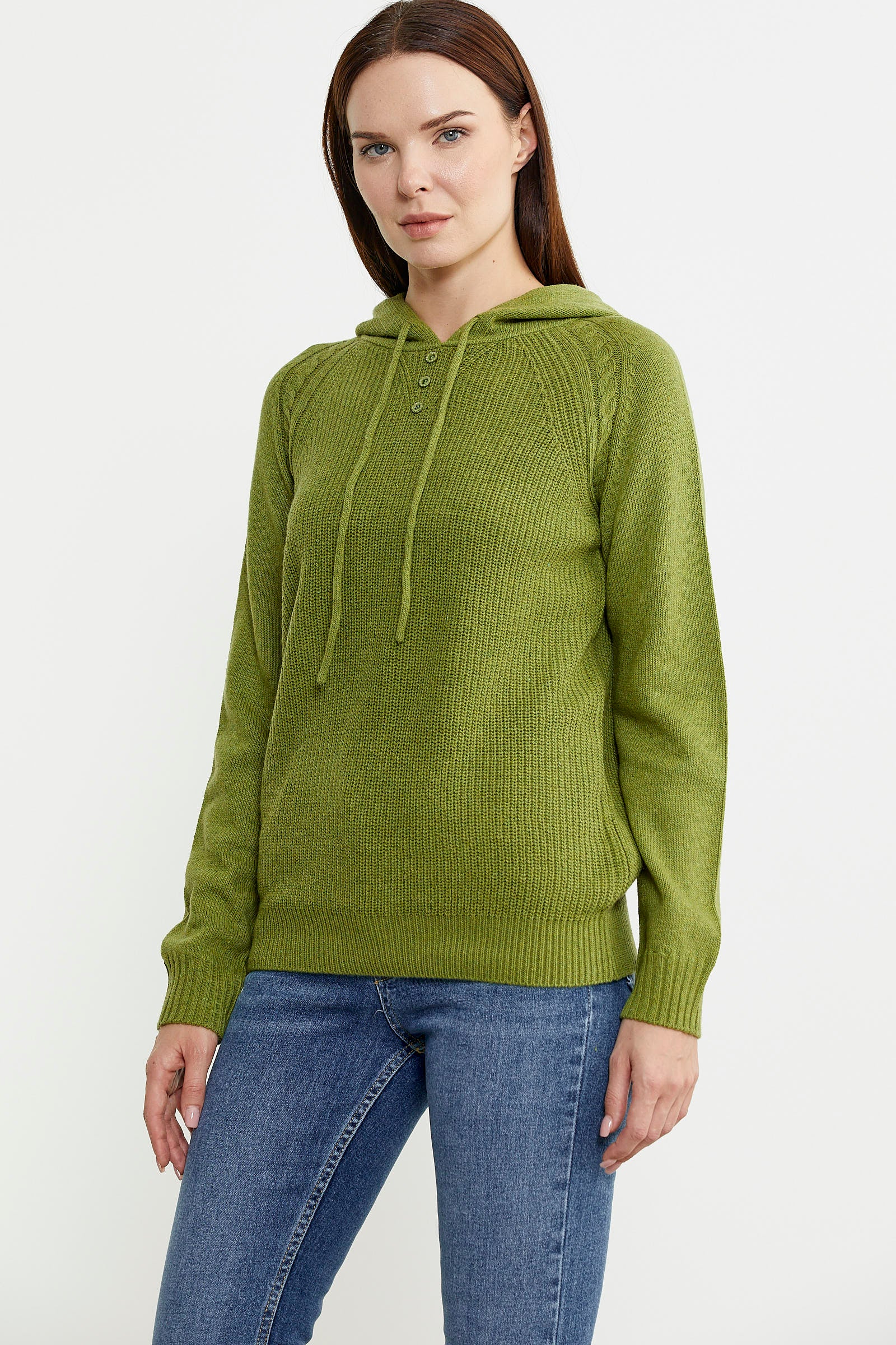 Kapüşonlu Dökümlü Yünlü Triko Kazak - Yeşil - Sementa