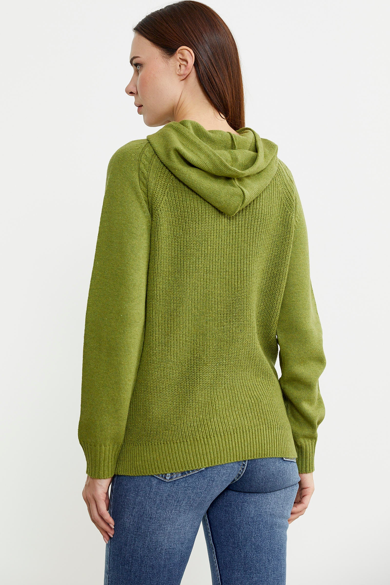 Kapüşonlu Dökümlü Yünlü Triko Kazak - Yeşil - Sementa