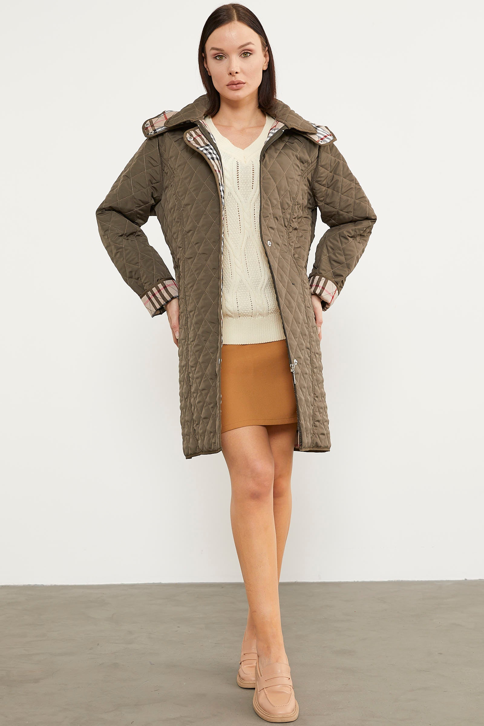 Kapüşonlu Ekose Detaylı Uzun Mont - Haki (5) Sementa