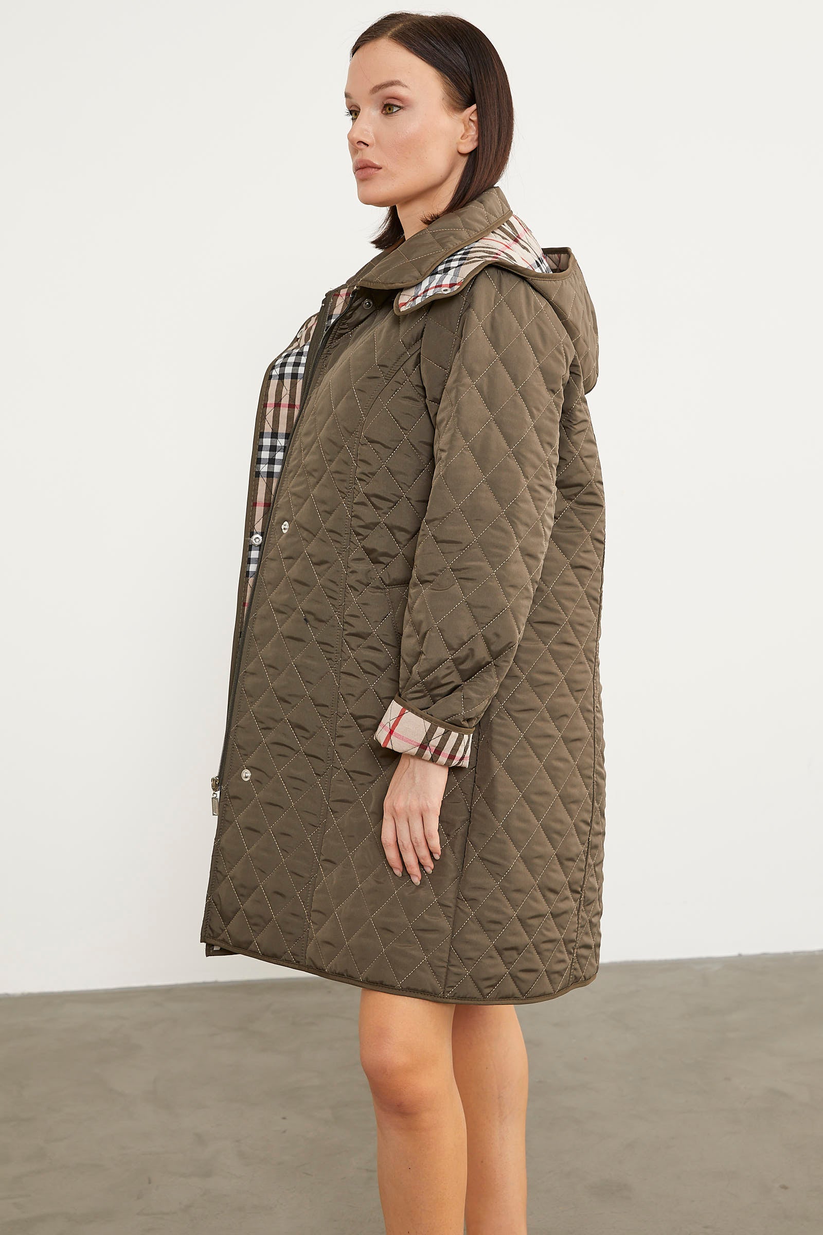 Kapüşonlu Ekose Detaylı Uzun Mont - Haki (7) Sementa