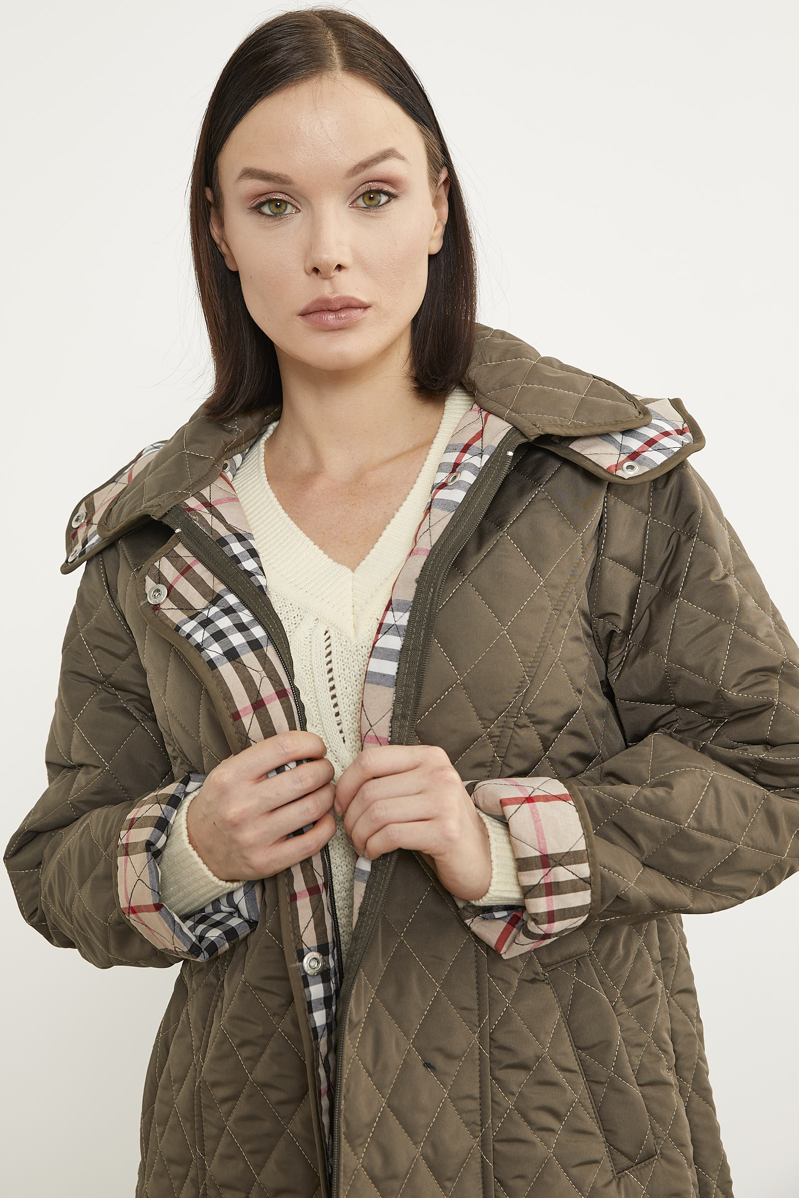 Kapüşonlu Ekose Detaylı Uzun Mont - Haki (6) Sementa