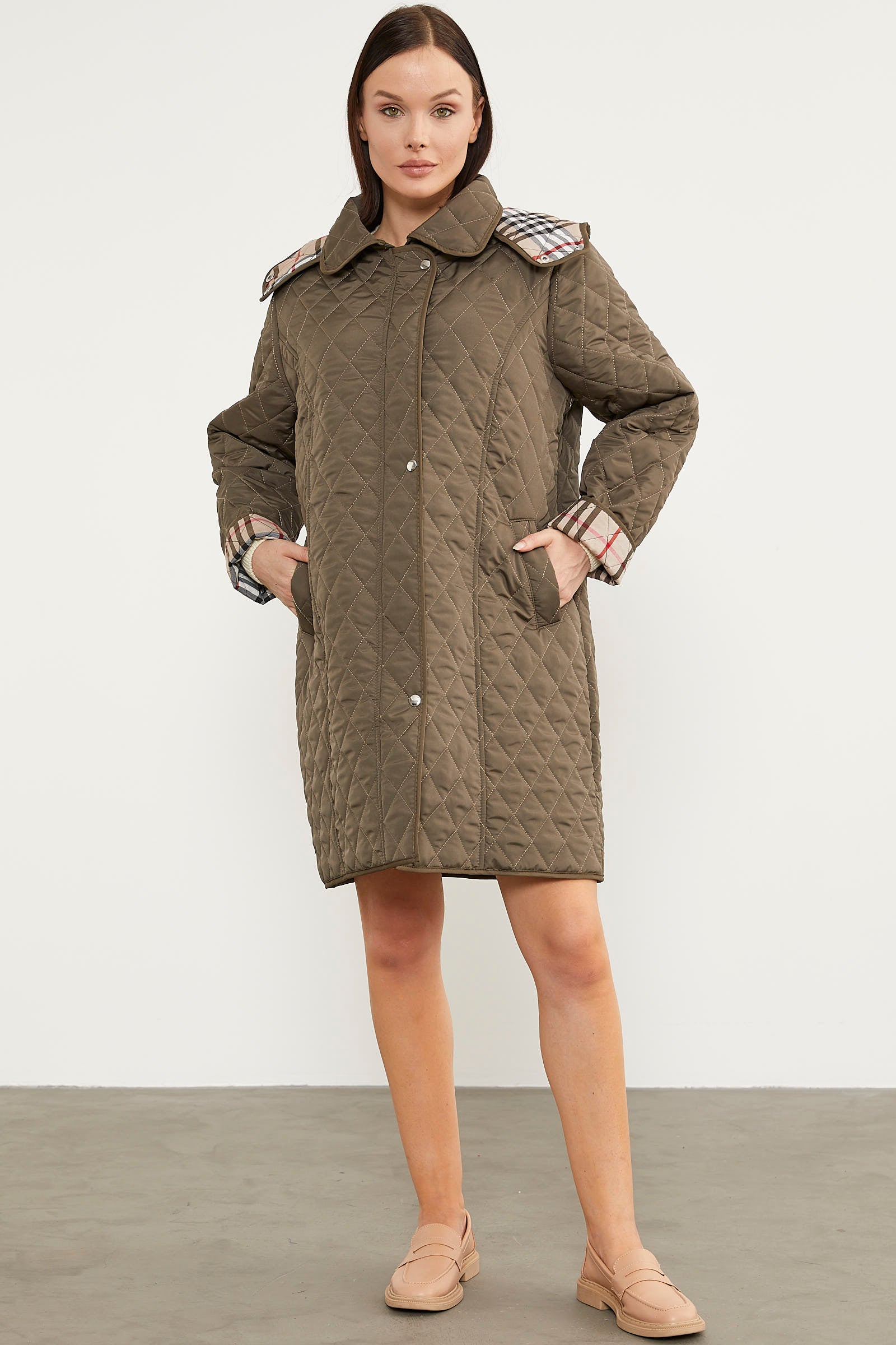 Kapüşonlu Ekose Detaylı Uzun Mont - Haki (4) Sementa