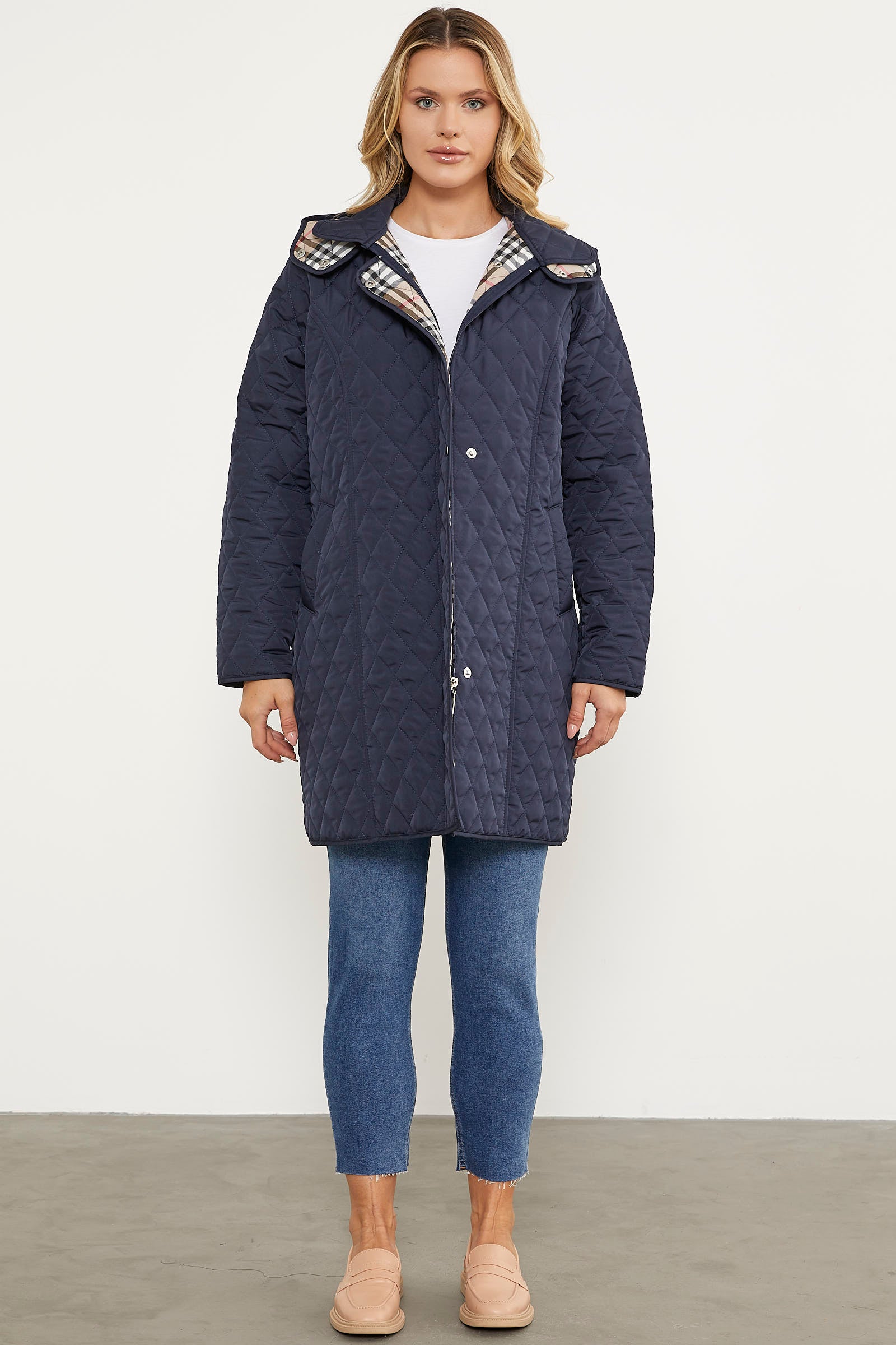 Kapüşonlu Ekose Detaylı Uzun Mont - Lacivert (1) Sementa