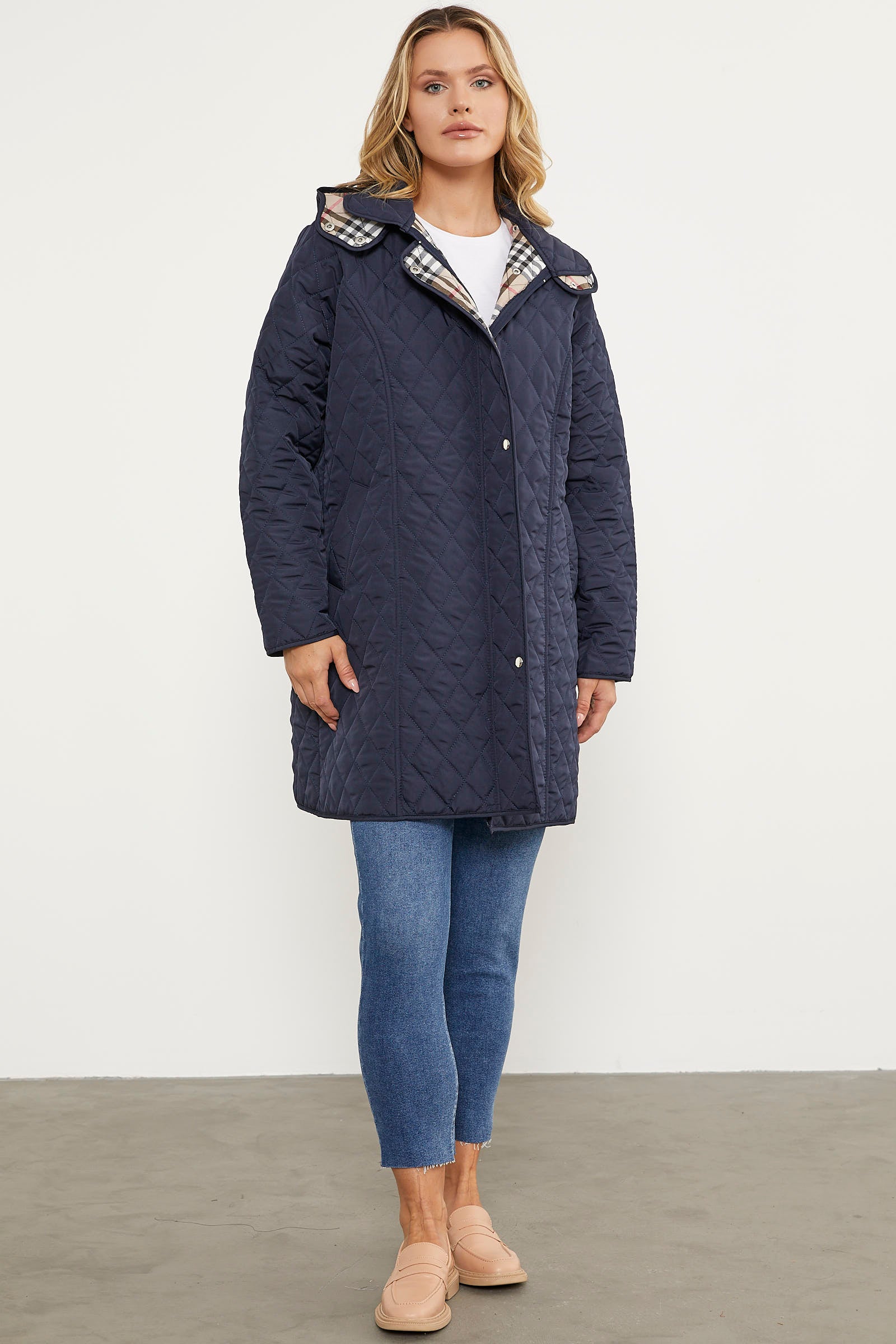 Kapüşonlu Ekose Detaylı Uzun Mont - Lacivert (2) Sementa