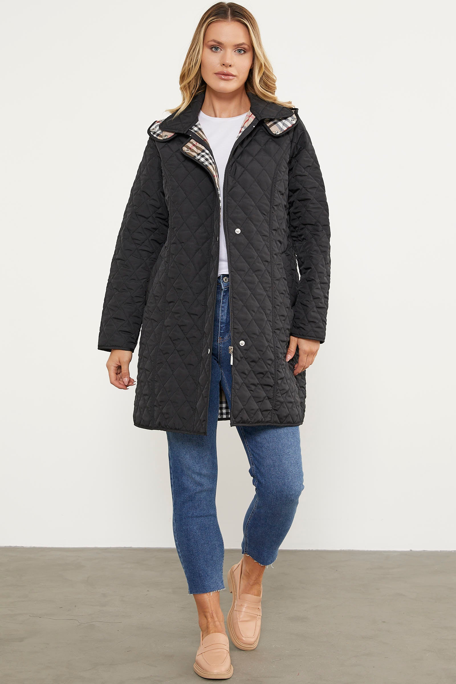 Kapüşonlu Ekose Detaylı Uzun Mont - Siyah (1) Sementa