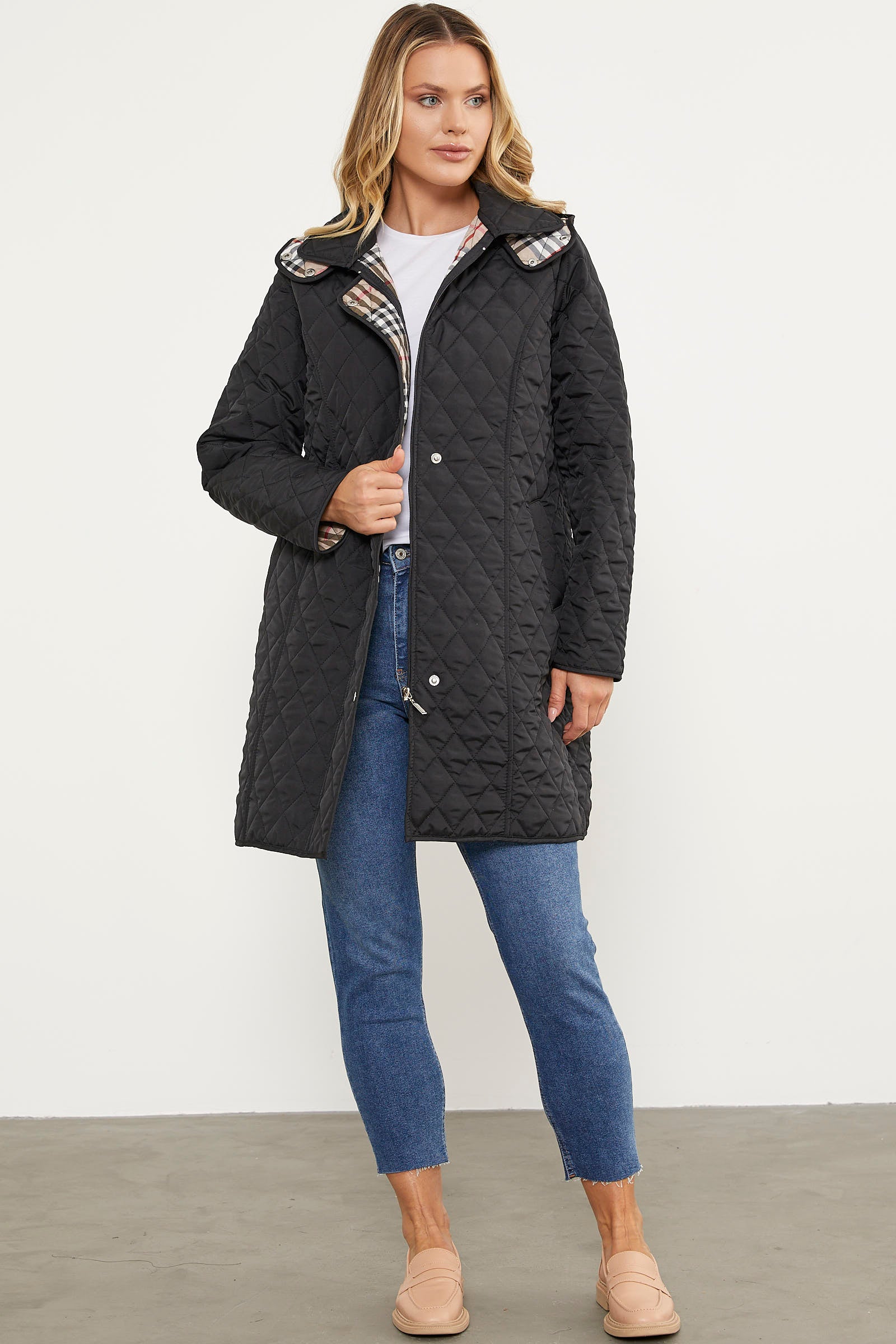 Kapüşonlu Ekose Detaylı Uzun Mont - Siyah (2) Sementa