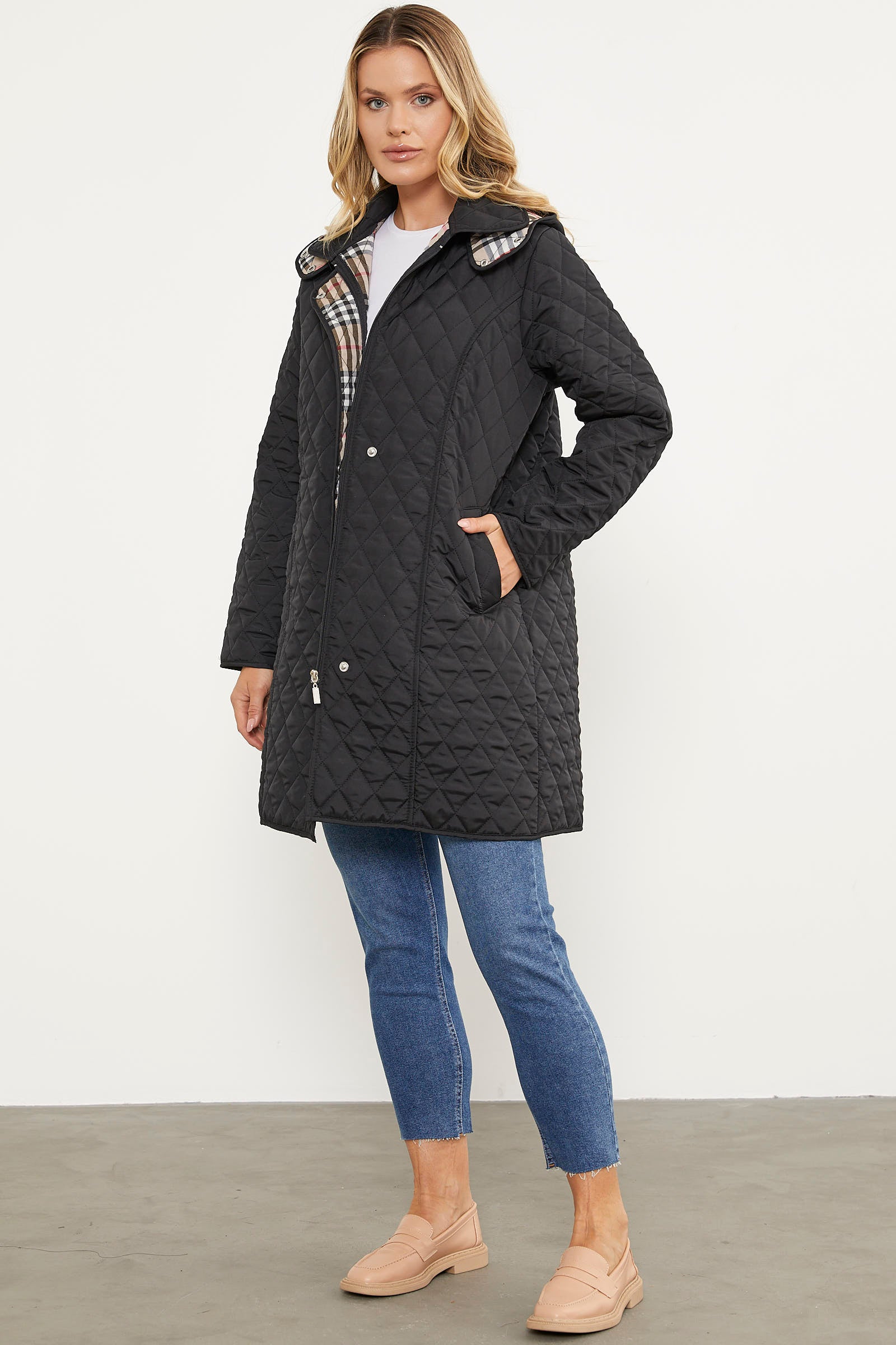 Kapüşonlu Ekose Detaylı Uzun Mont - Siyah (3) Sementa