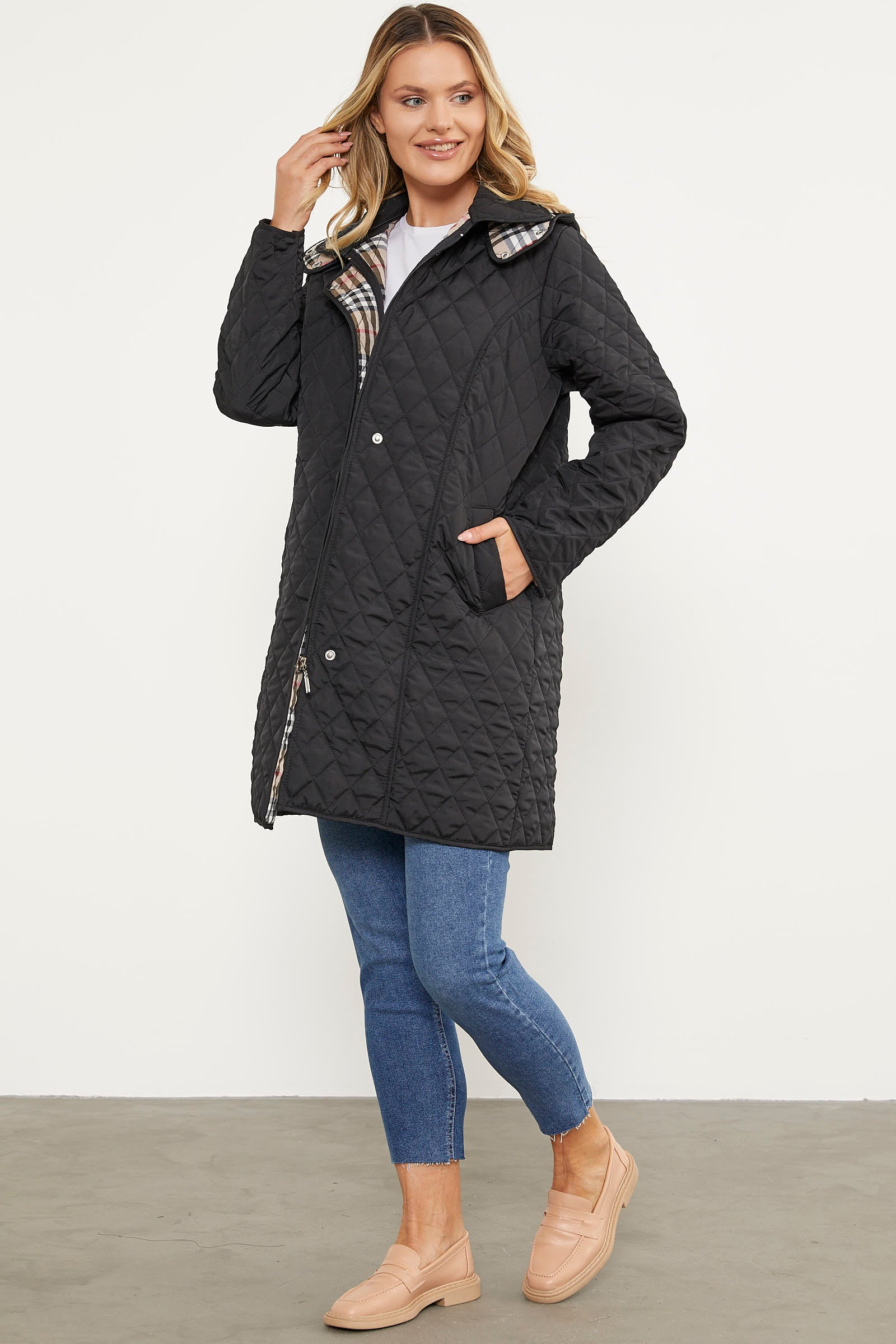 Kapüşonlu Ekose Detaylı Uzun Mont - Siyah (4) Sementa