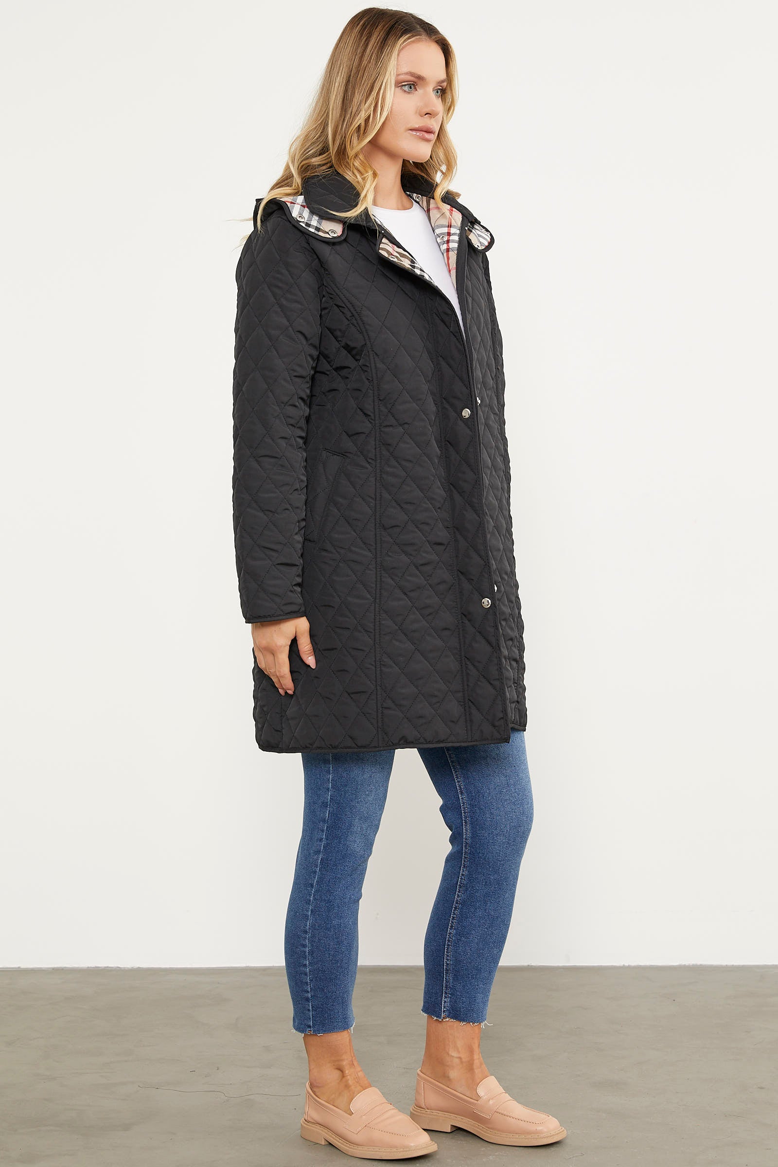 Kapüşonlu Ekose Detaylı Uzun Mont - Siyah (5) Sementa