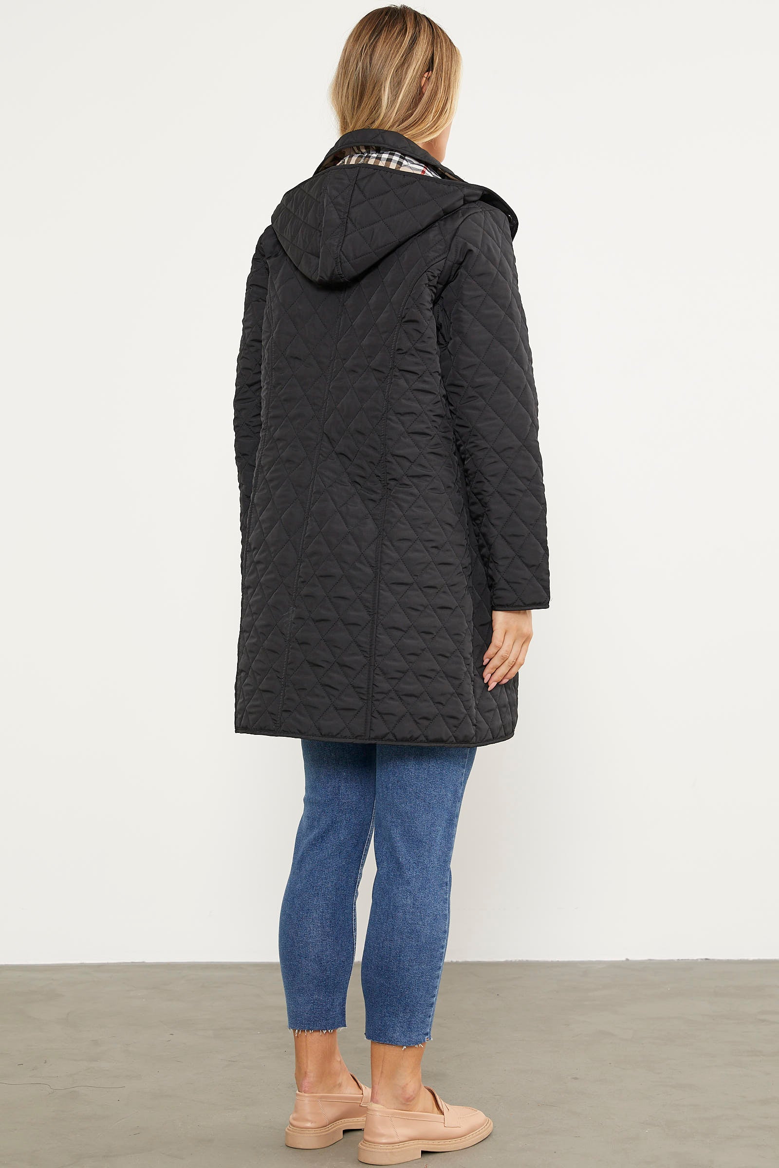 Kapüşonlu Ekose Detaylı Uzun Mont - Siyah (8) Sementa