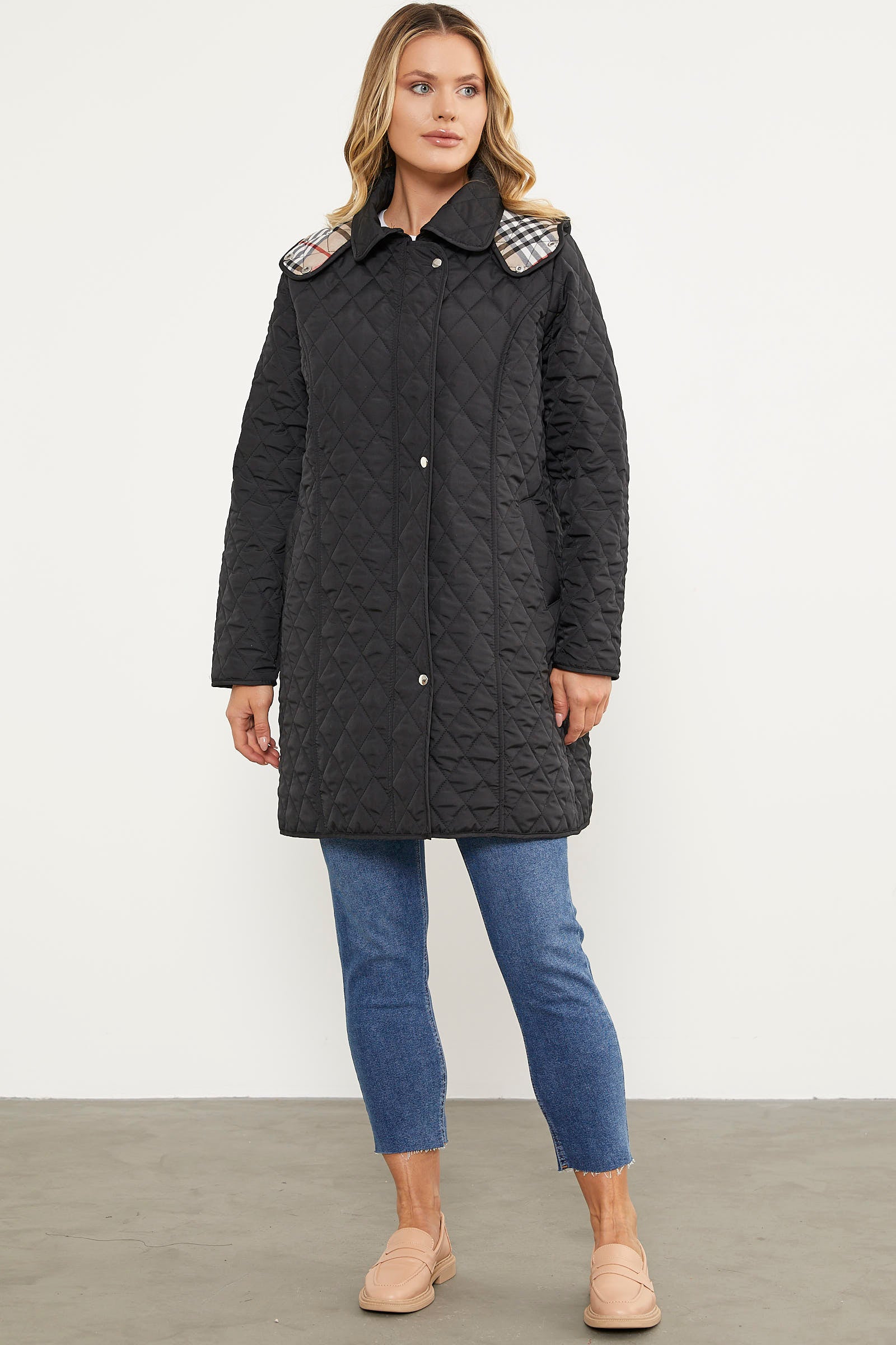 Kapüşonlu Ekose Detaylı Uzun Mont - Siyah (7) Sementa