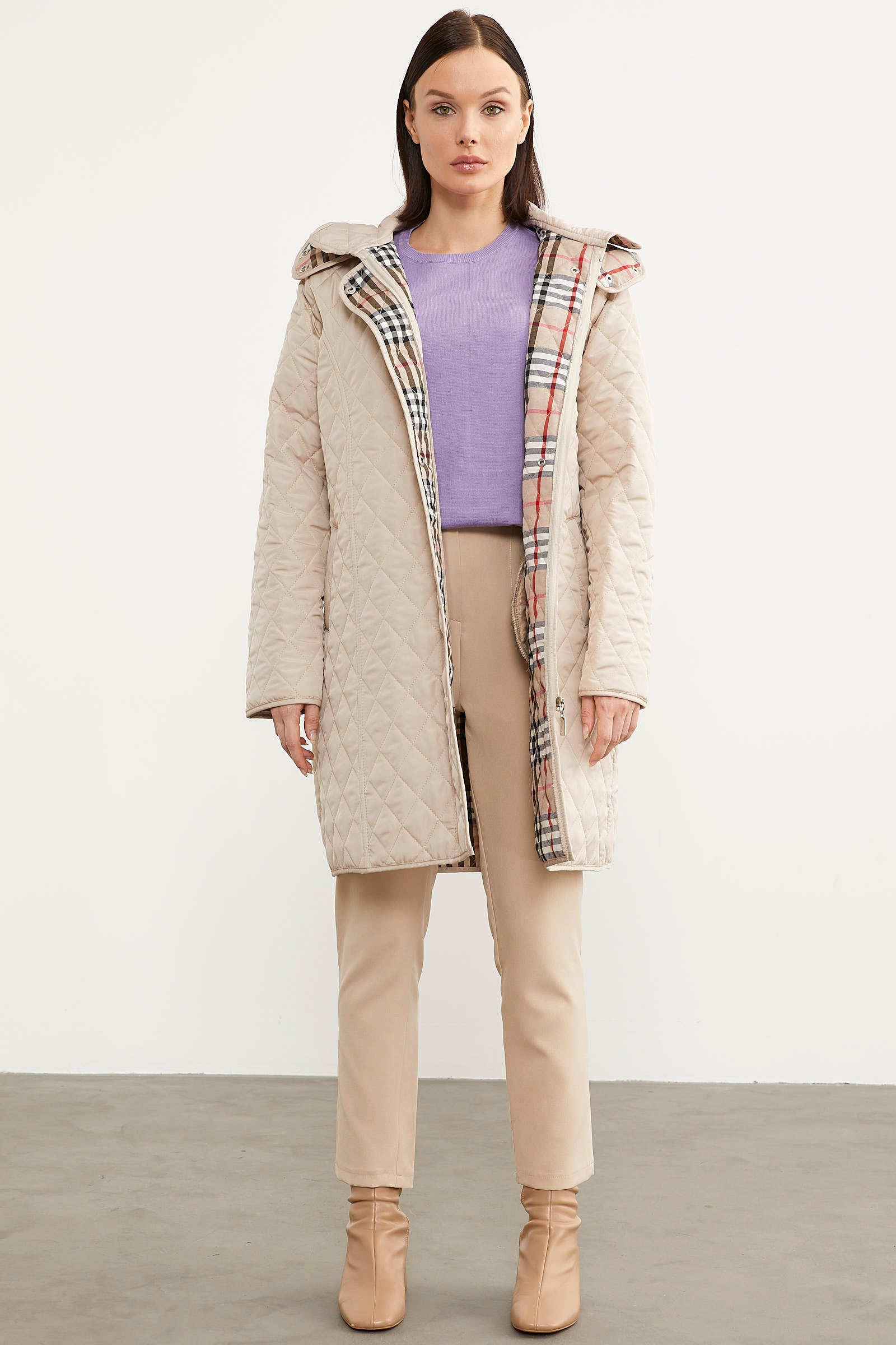 Kapüşonlu Ekose Detaylı Uzun Mont - Taş - Sementa