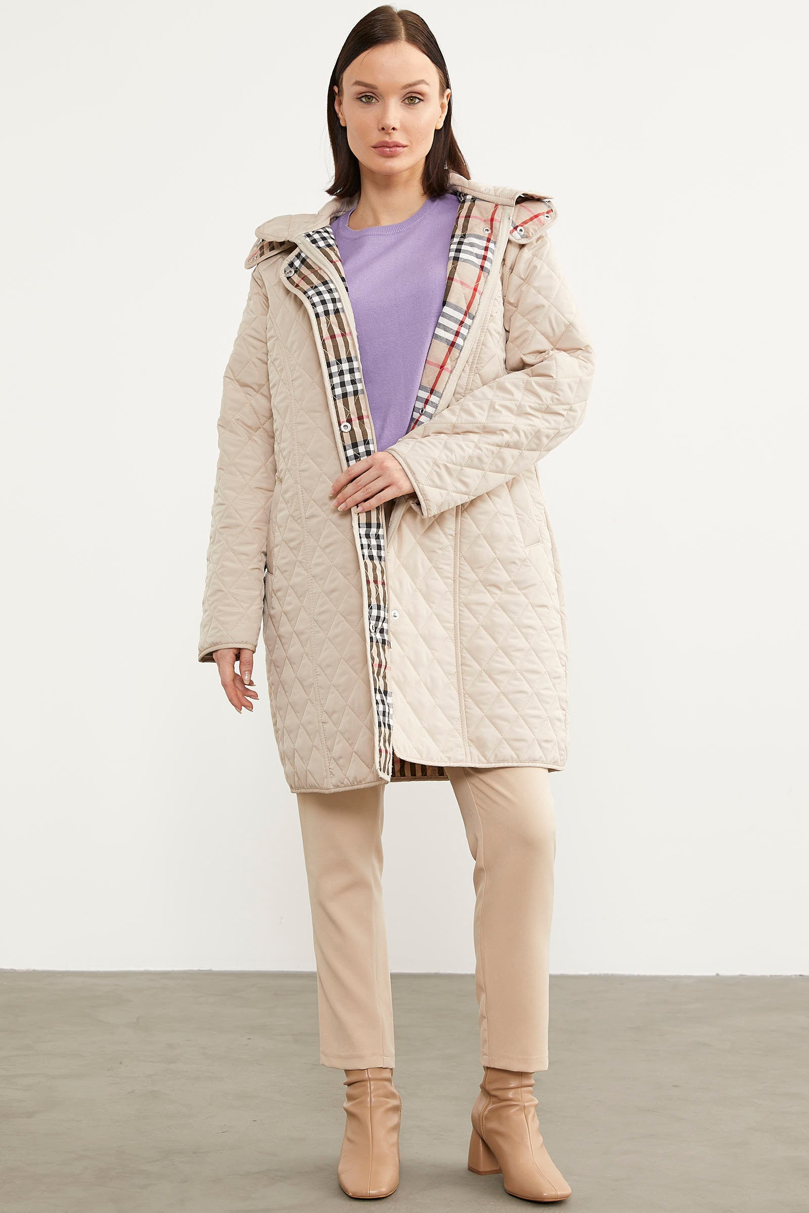 Kapüşonlu Ekose Detaylı Uzun Mont - Taş - Sementa