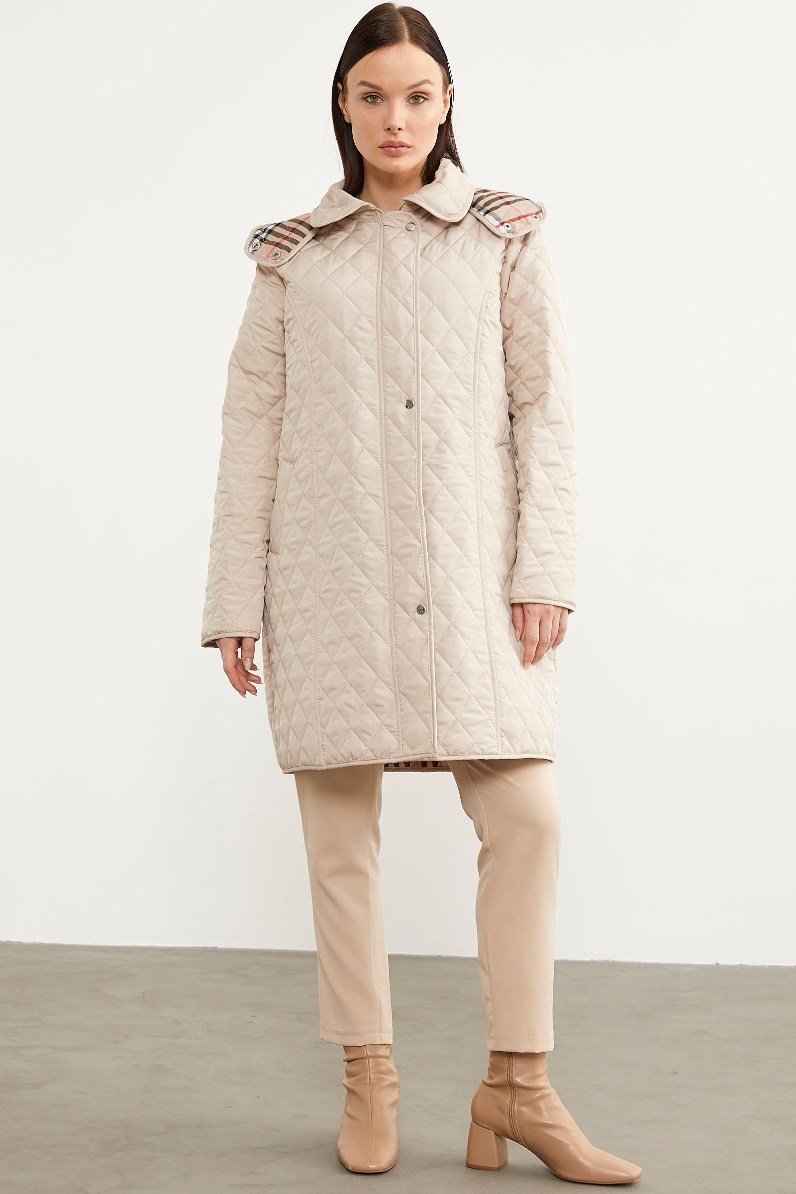 Kapüşonlu Ekose Detaylı Uzun Mont - Taş - Sementa