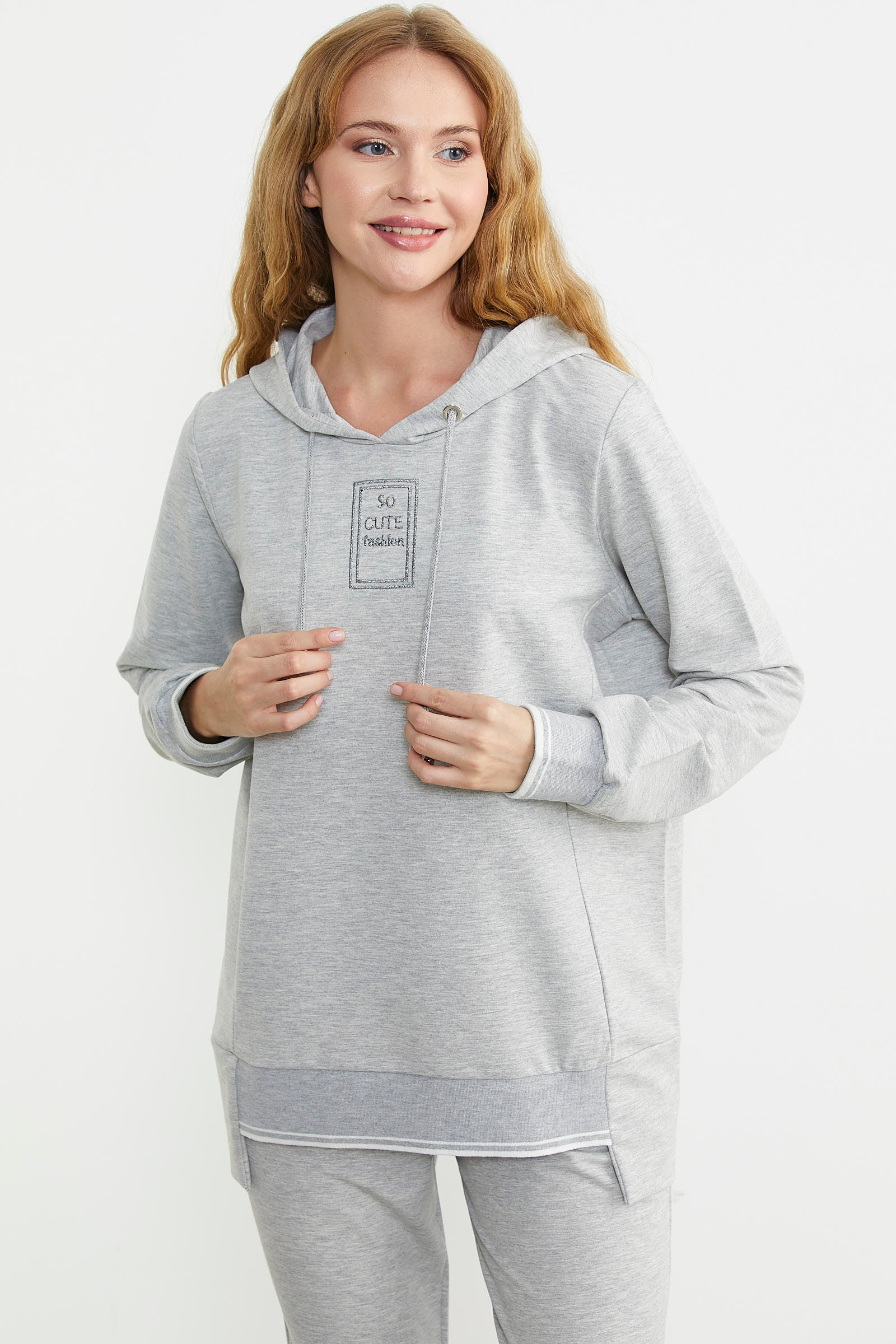 Kapüşonlu Etek Ucu Örme Detaylı Eşofman Takım - Gri - Sementa