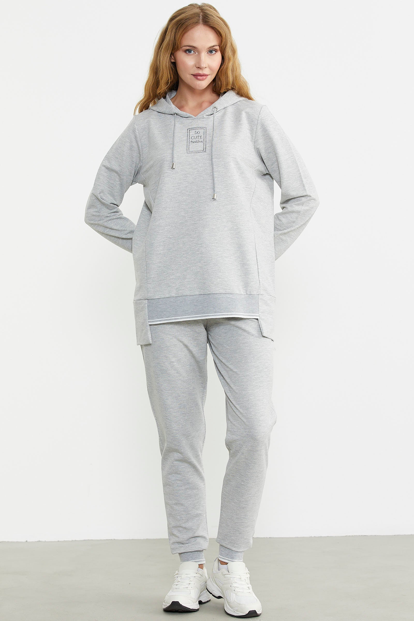 Kapüşonlu Etek Ucu Örme Detaylı Eşofman Takım - Gri - Sementa
