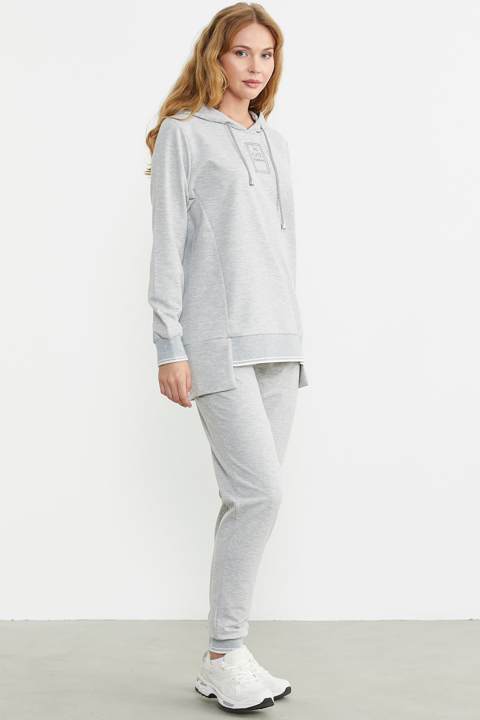 Kapüşonlu Etek Ucu Örme Detaylı Eşofman Takım - Gri - Sementa