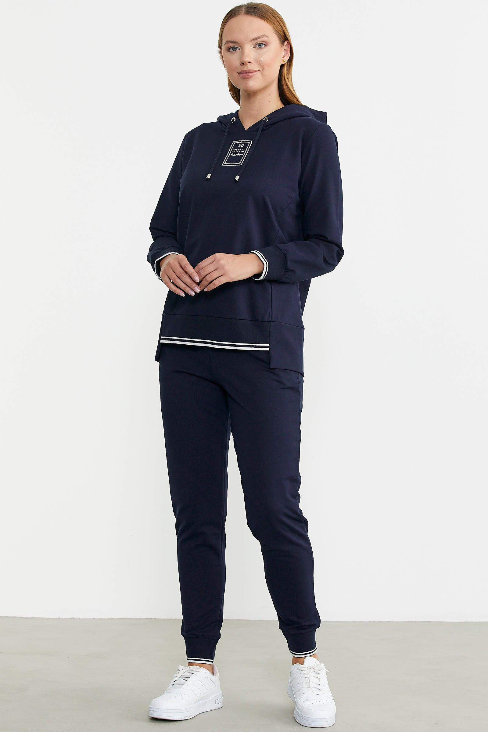 Kapüşonlu Etek Ucu Örme Detaylı Eşofman Takım - Lacivert - Sementa